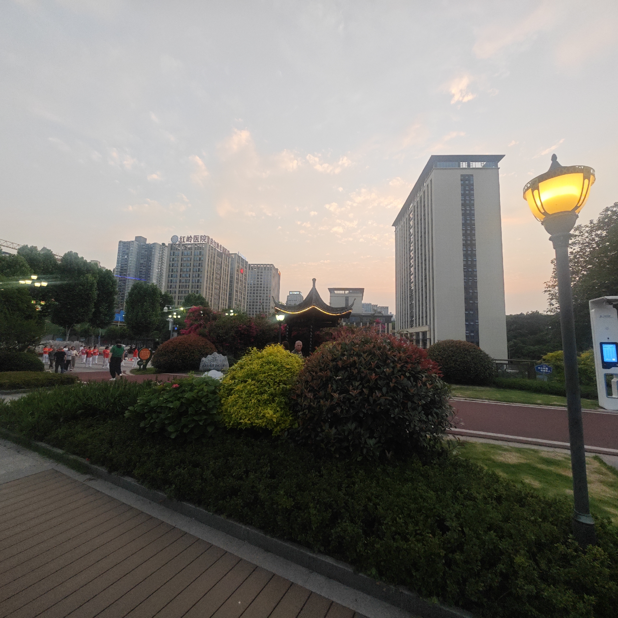 The image depicts a park scene in the Yuzhong District of Chongqing, China. The foreground features a paved walkway adjacent to a dense hedge containing various colored bushes (green, yellow, and burgundy). Behind the hedge, there is a traditional Chinese-style pavilion illuminated with string lights. In the mid-ground, there is a group of people gathered, appearing to be engaged in some form of group exercise. To the right of the pavilion is a tall, modern building. To the left of the pavilion, and behind the group of people, are several high-rise buildings bearing Chinese characters. A lit lamppost stands on the right side of the frame, casting a warm glow. The sky is a gradient of pale oranges and blues, suggesting either sunrise or sunset. A charging station stands beside the lamppost.