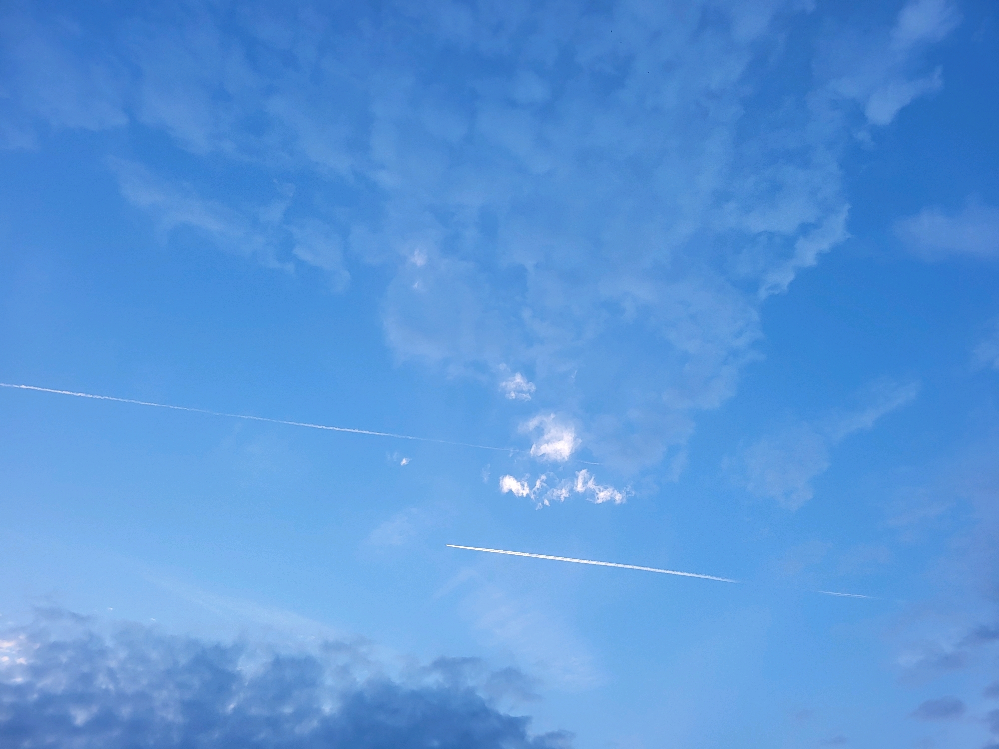 A clear blue sky with scattered clouds and two contrails from an aircraft, extending from the upper left to the lower right of the image. The contrails are white and linear, indicating the path of a jet. The lower portion of the image shows a bank of darker, denser clouds, suggesting a change in weather or the presence of lower altitude cloud formations. The scene is devoid of any human presence or urban structures, suggesting an open environment, possibly a rural or park-like setting. The overall lighting suggests it could be either morning or late afternoon, given the presence of both scattered high clouds and darker lower clouds, and the absence of harsh shadows. The location in Jelgava, Latvia, is not visually discernible from the image itself.