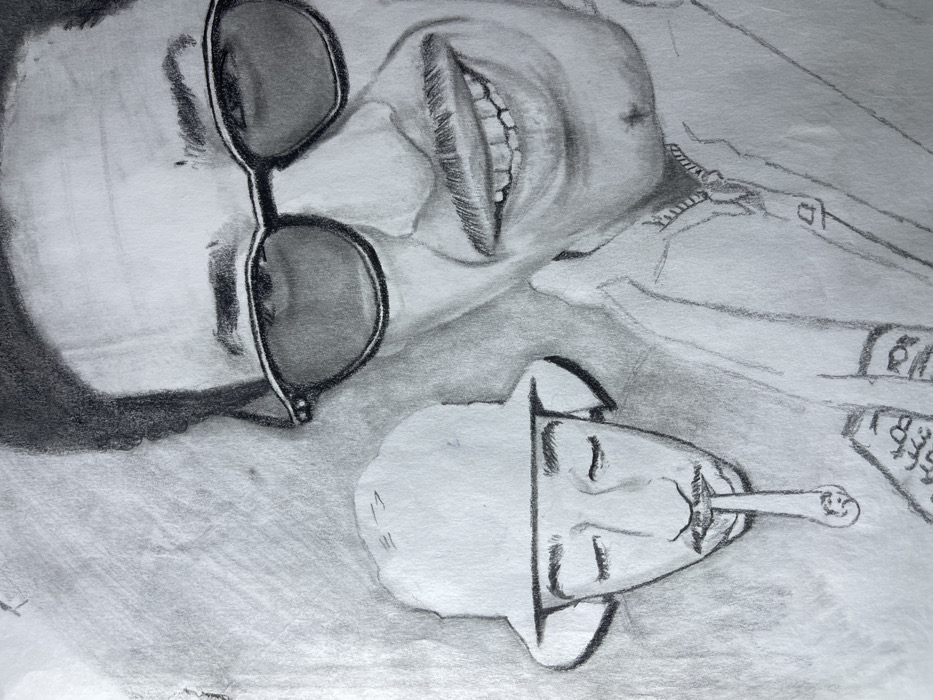 This image is a digital photograph of a pencil drawing on white paper, originating from the city of Jos, Nigeria. The drawing features two stylized male figures. The primary figure, prominent on the right and occupying the upper portion of the frame, is depicted from the chest up, facing forward with a wide, open-mouthed smile, revealing teeth. He has dark, curly hair, a distinct mustache, and wears dark, thick-framed sunglasses. He is dressed in a collared shirt with visible button details and stitching at the neckline. Subtle patterns, possibly tattoos or fabric designs, are visible on his left forearm/hand area. The secondary figure, smaller and positioned to the left and slightly behind the main figure, wears a bucket hat and has his eyes closed. This figure possesses a thin mustache and appears to hold an elongated object, resembling a pipe or cigarette holder, in his mouth. The background is a plain white paper surface, showing minor graphite smudges and texture, consistent with a hand-drawn artwork. The drawing itself does not depict any specific architectural or environmental features of Jos, Nigeria.