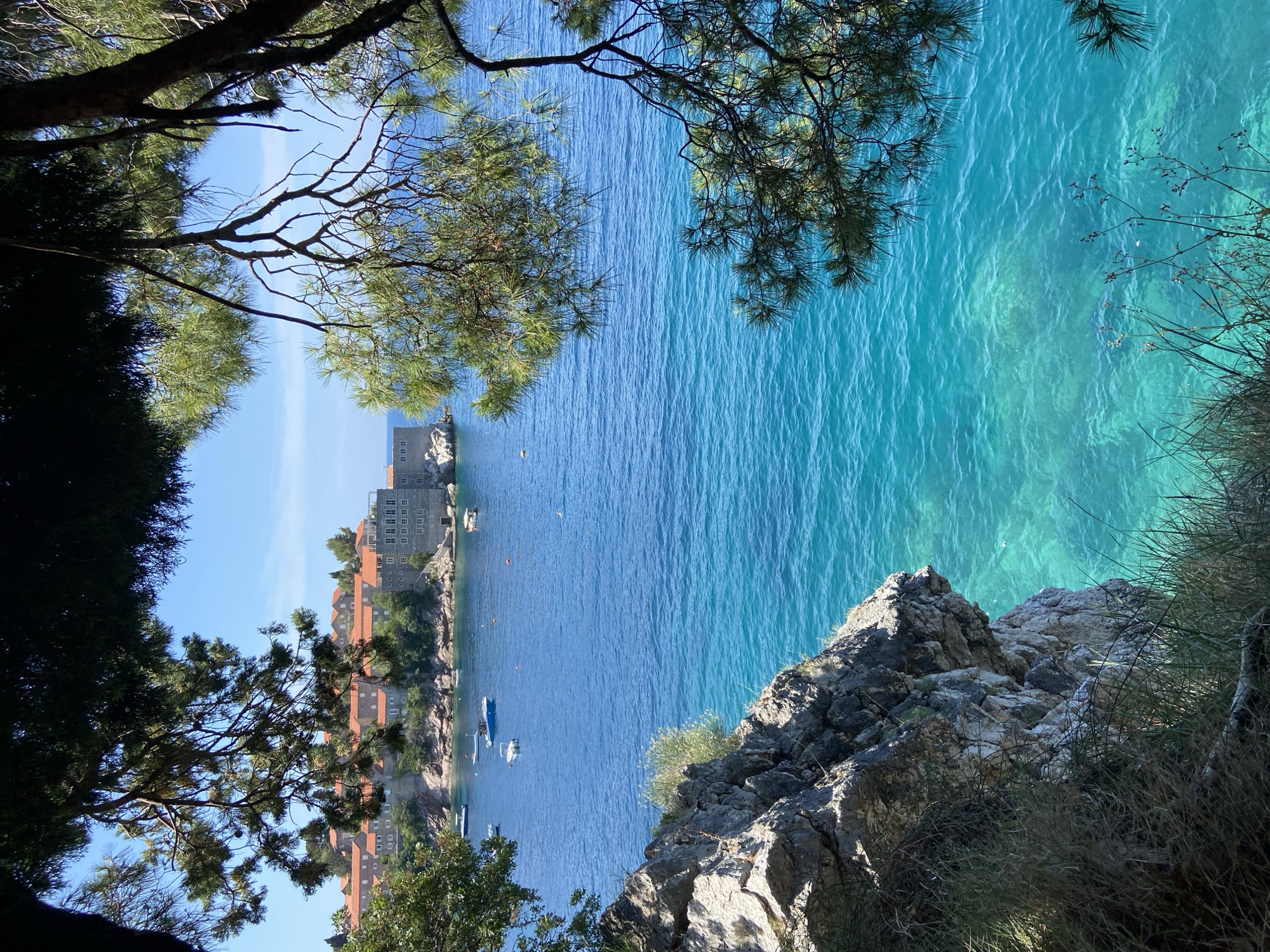 The image captures a scenic view of the island of Sveti Stefan in Montenegro, a picturesque coastal town. The foreground is dominated by rugged, rocky terrain covered in dry grass, with the dense foliage of pine trees framing the scene from the top and sides, obscuring parts of the sky. The clear, turquoise waters of the Adriatic Sea stretch out before the viewer, revealing the shallows with remarkable clarity.
In the middle ground, the island of Sveti Stefan appears as a cluster of stone buildings with red-tiled roofs, connected to the mainland by a narrow isthmus. Several boats, ranging from small dinghies to larger vessels, are anchored in the calm waters surrounding the island. The island is lush with green vegetation, and the architecture suggests a historical settlement.
The overall impression is one of a tranquil, sun-drenched coastal landscape, typical of the Mediterranean. The bright sunlight illuminates the scene, casting shadows and highlighting the textures of the rocks, trees, and buildings. The presence of the boats and the clear water suggest a popular tourist destination, likely during the warmer months. The framing by the pine branches adds a sense of depth and natural beauty to the composition.