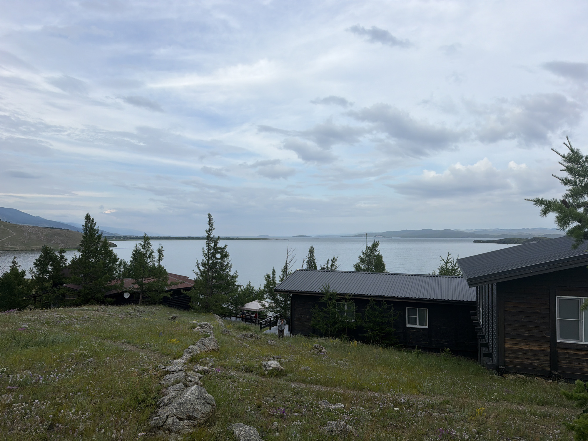 This is a wide, eye-level, outdoor, daytime shot of a rural landscape near Sarma, Russia. The foreground is dominated by a grassy hill dotted with small wildflowers and scattered rocks, including a prominent formation in the lower right corner. Two dark wooden cabins with metal roofs are situated on the hill. The cabin on the right is larger and has a white-framed window visible. The cabin on the left is partially obscured by trees and also has a white-framed window. A person in a light-colored shirt and dark pants stands between the two cabins, appearing to be looking at something off-camera. In the midground, a calm, large body of water, likely a lake, stretches across the horizon, with distant hills and islands visible on the far side. The sky is overcast with a mix of light and dark clouds. Several evergreen trees are scattered throughout the scene, with one particularly prominent tree on the far right edge of the frame.