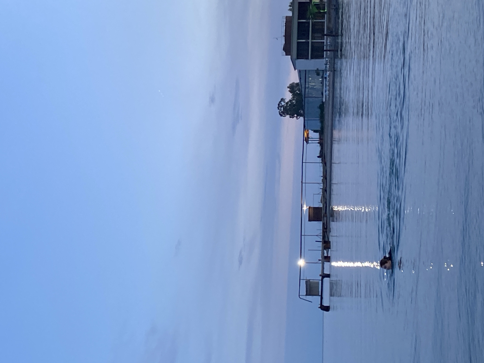 An individual swims in calm, reflective water near a pier and a building. The sky is a pale blue with wispy clouds, suggesting either early morning or late evening. The pier is illuminated by lights, casting reflections on the water. The building appears to be a modern structure with large windows, possibly a resort or residential property. The scene is serene and peaceful.