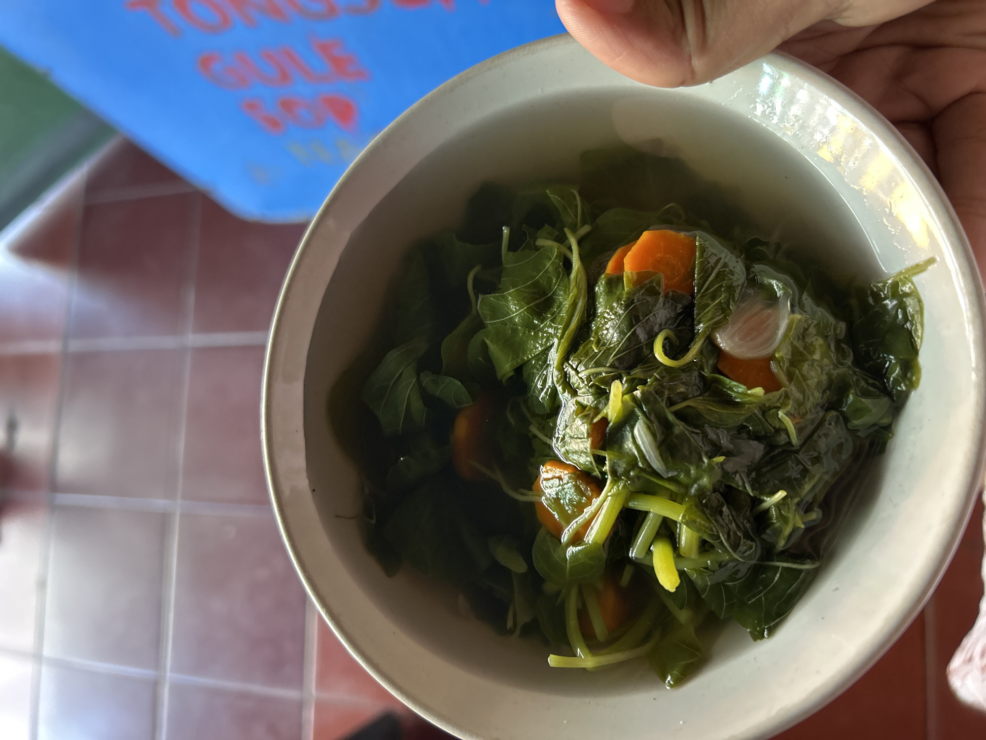A close-up, eye-level, indoor shot shows a white bowl filled with a clear, broth-based soup containing dark green leafy vegetables, sliced carrots, and possibly shallots. The soup is served on a surface with reddish-brown tiles. In the background, a portion of a bright blue container with red text, possibly a food or beverage container, is visible. The lighting appears to be natural, possibly from a window, casting soft shadows. The image composition focuses on the food, with a hand partially visible in the lower right corner, suggesting someone is holding the bowl. The overall scene is domestic and casual. This scene is likely located in Depok, Indonesia, given the context provided.