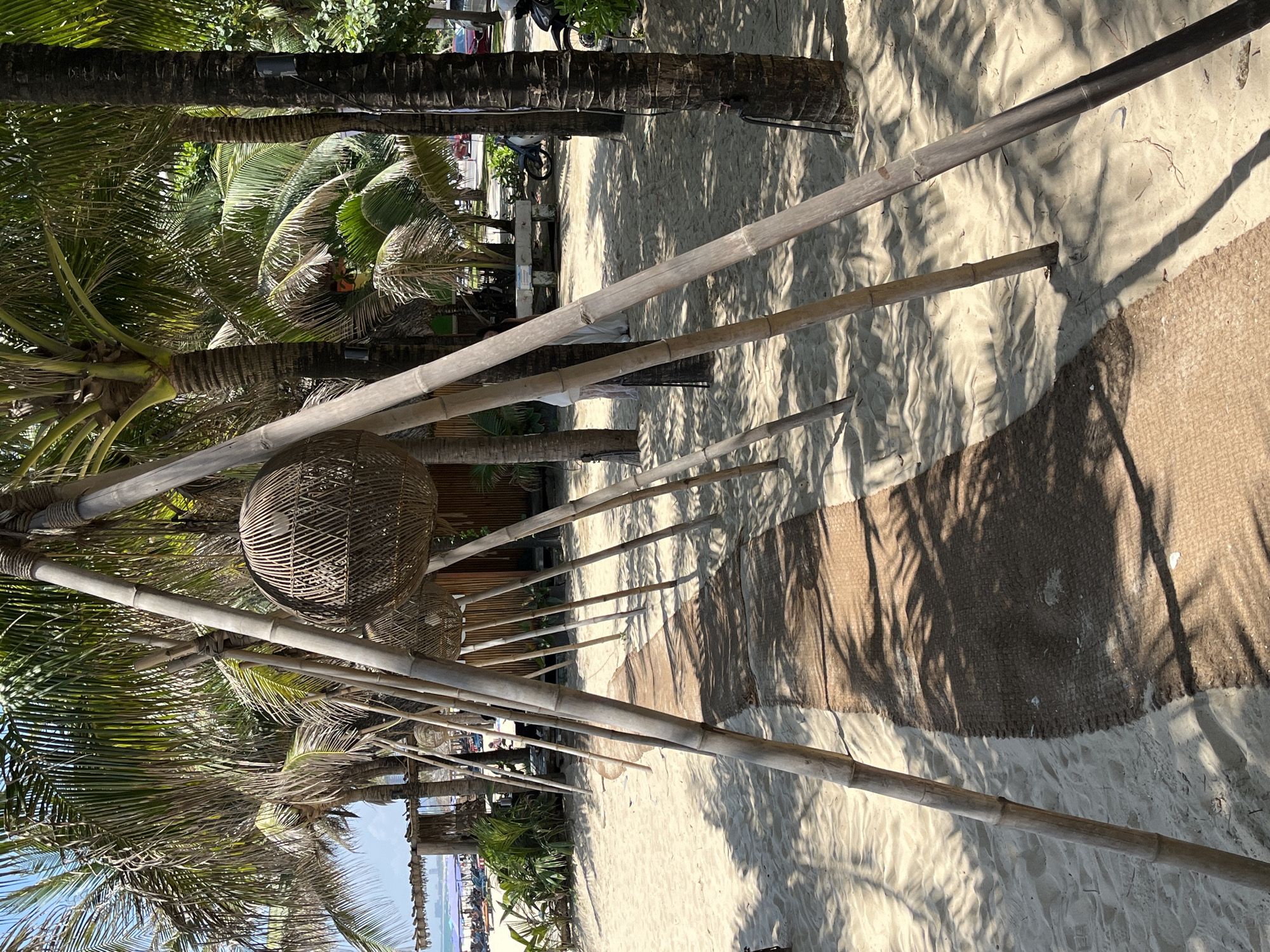 This photo depicts a beach setting in Đà Nẵng, Vietnam, characterized by sandy terrain and a row of palm trees providing shade. The trees are adorned with spherical, wicker-like decorative lamps. Bamboo poles are strategically positioned to support the structure and provide an aesthetic element to the beachfront area. The sand is slightly disturbed, indicating pedestrian traffic, and a woven rug is laid out on the sand. In the background, a glimpse of the sea and some distant figures can be observed, suggesting a populated beach area.