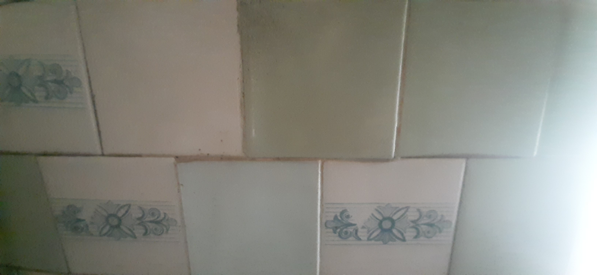 The image shows a section of a tiled wall with a repeating floral pattern. The tiles are predominantly a light cream or off-white color, with some appearing to have a slight green or grey tint. There are horizontal bands with a light blue, stylized floral motif interspersed among the plain tiles. The tiling appears to be in a bathroom or kitchen environment, suggested by the presence of grout lines between the tiles. The lighting in the image is uneven, with a bright light source on the right side causing overexposure in that area. There are no people or specific environmental features that would indicate a location in Yessentukskaya, Russia, or any other specific city.