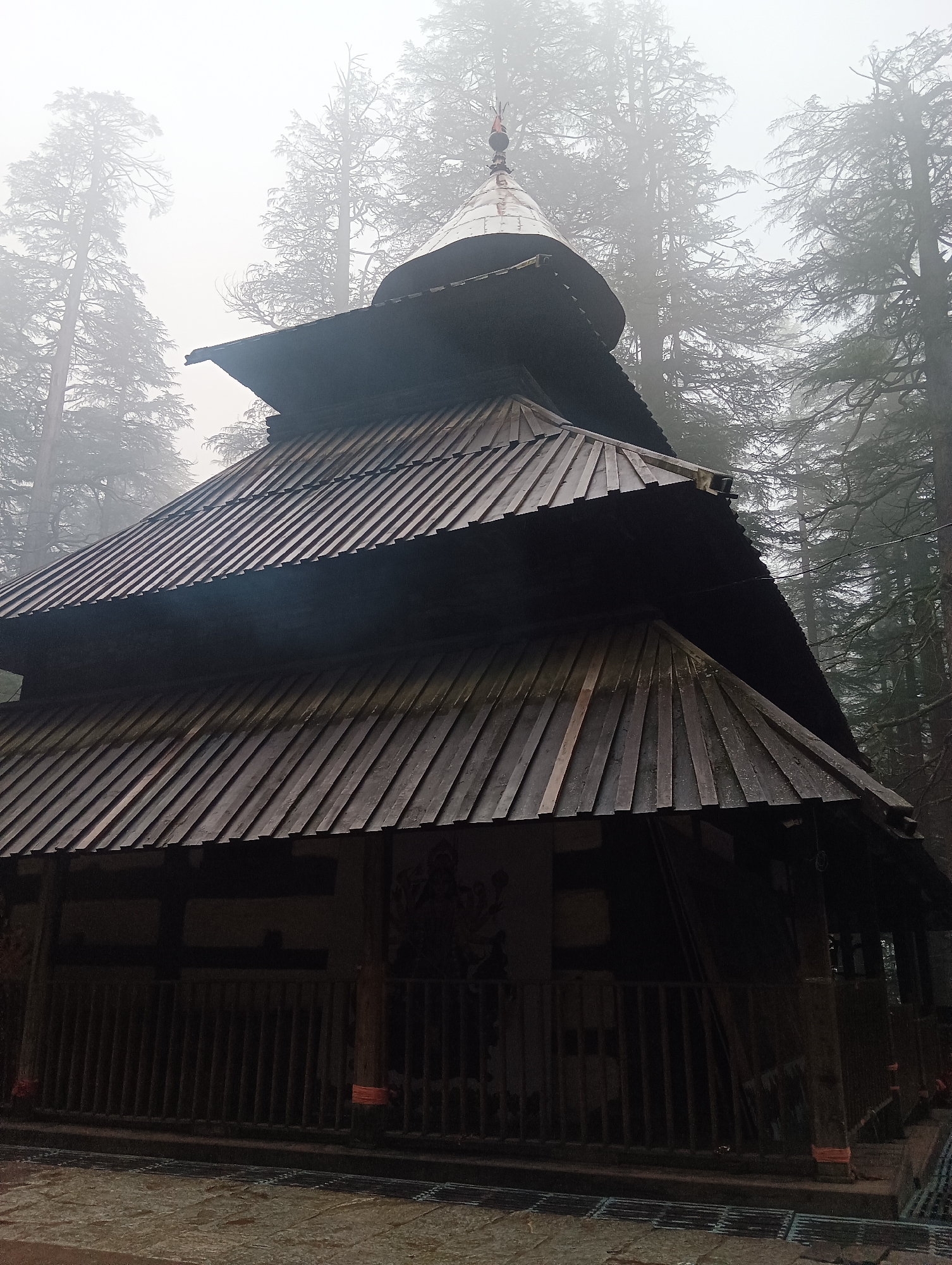 The image shows a multi-tiered wooden temple structure nestled within a dense forest of tall pine trees on a foggy day. The temple has a dark wooden exterior with overlapping wooden shingles forming its roofs. The lowest level of the temple features a dark, covered porch area with a wooden railing. Beyond the railing, indistinct figures or carvings can be seen on the walls of the temple. The ground in front of the temple is paved with stone and appears wet. The surrounding environment is characterized by tall, slender pine trees shrouded in mist, suggesting a cool and damp climate. The overall atmosphere is serene and somewhat mystical due to the fog. This temple is likely the Hadimba Devi Temple, a famous historical monument located in Manali, India, known for its unique wooden architecture and setting amidst a cedar forest.