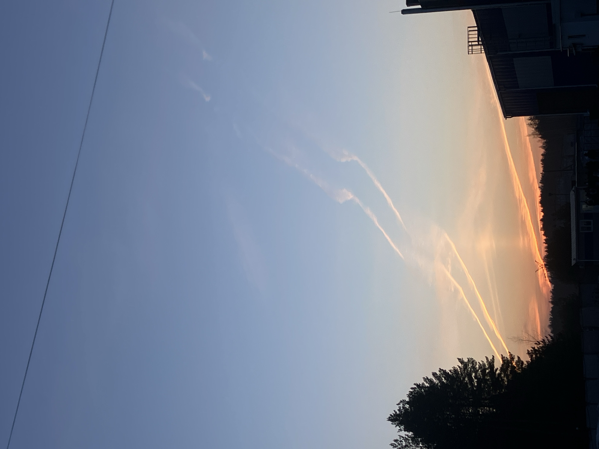 The image shows a sky with contrails, likely taken during sunset. The lower portion of the image includes dark silhouettes of trees and part of a building. The city in the background is likely Noviy, Russia, judging from the architecture and foliage. A power line is visible stretching from the upper left toward the bottom. The sky transitions from a light blue to a warm orange, indicative of the setting sun. No people are visible.