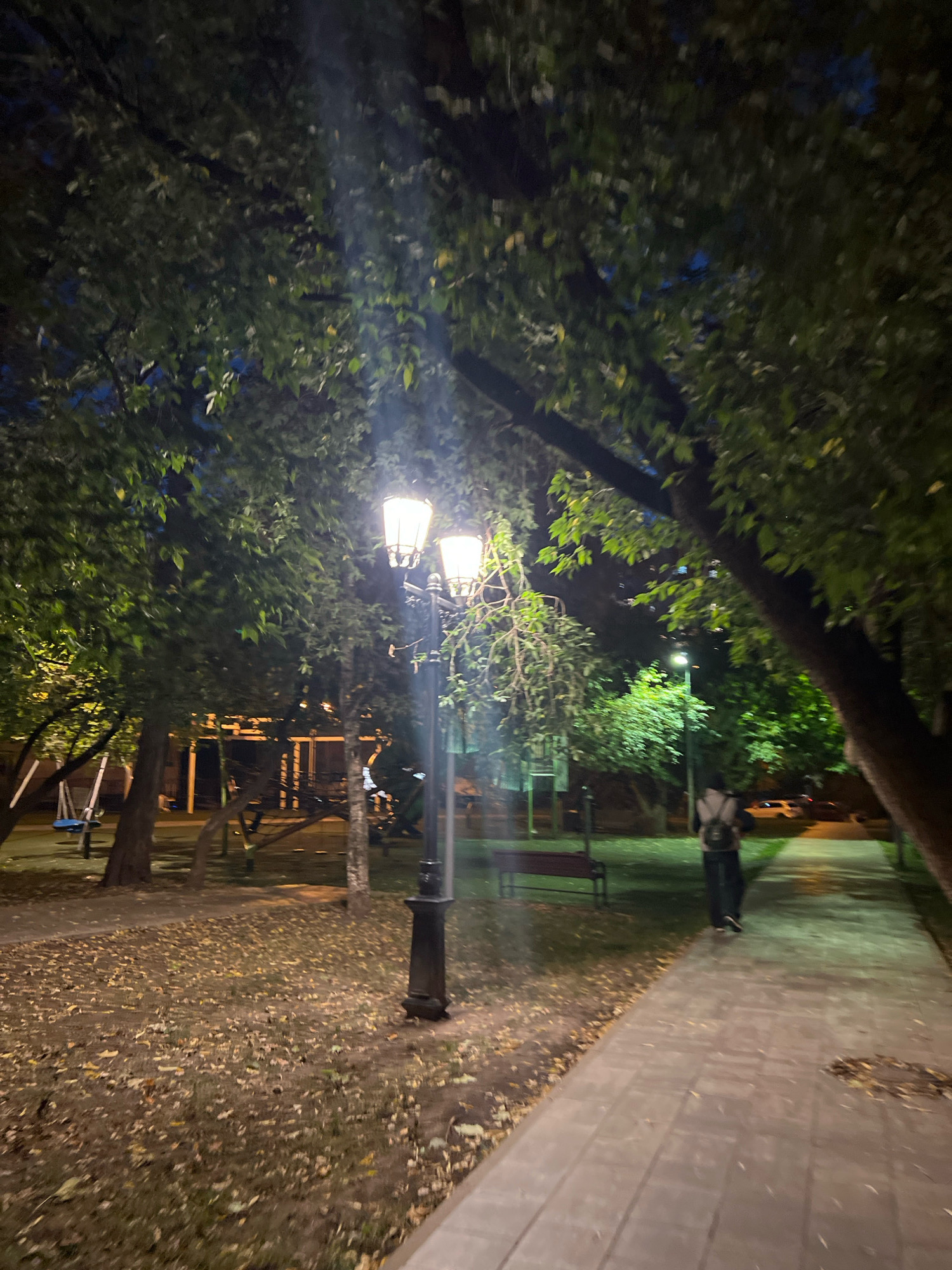 The image depicts a park scene at night, illuminated by streetlights. A paved walkway runs diagonally from the bottom right corner towards the center of the image, bordered by a grassy area with scattered fallen leaves. A person wearing a backpack is walking away from the camera on the walkway. To the left of the walkway, trees with lush green foliage create a canopy, and a vintage-style streetlamp with two globes stands prominently. In the background, playground equipment, including swings, is visible, along with other trees and some distant buildings or structures. The sky is dark, suggesting it is nighttime. The overall atmosphere is calm and serene.