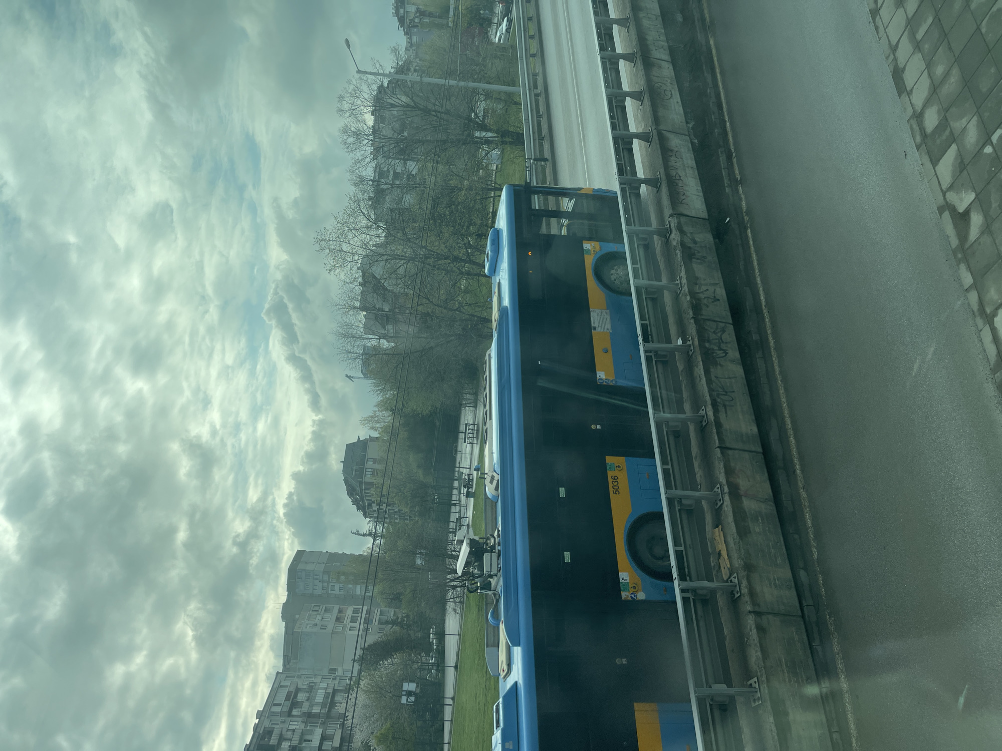 The image shows a blue and yellow public bus (vehicle number 5636) traveling along a highway or major road in Sofia, Bulgaria. The photo appears to be taken from inside another vehicle, possibly a car, on the same road. To the left of the bus, there is a grassy area followed by residential apartment buildings and trees. Above, a cloudy sky is visible. A concrete barrier with metal guardrails separates the road from the grassy area. The road surface appears wet, potentially from recent rain. The view shows an urban landscape with typical infrastructure and housing present in a major city.