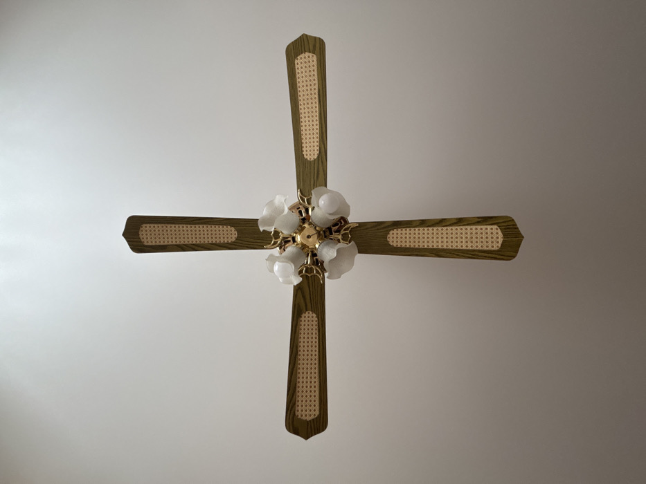 An overhead photograph depicts a four-bladed ceiling fan with an integrated light fixture, mounted against a plain, off-white ceiling. The scene is located in Pavlovsky, Russia. Each fan blade is constructed from a medium-brown wood, possibly oak, and features a light-colored, woven cane-patterned inlay running longitudinally down its center. The blades are arranged in a cruciform configuration. The central hub of the fan, made of brass-toned metal, supports a light fixture consisting of five individual lamps. Each lamp is encased in a frosted, translucent white glass shade shaped like an inverted flower petal or bell, secured by brass-colored decorative metalwork. One bare light bulb is visible among the five light points. The fan appears stationary.