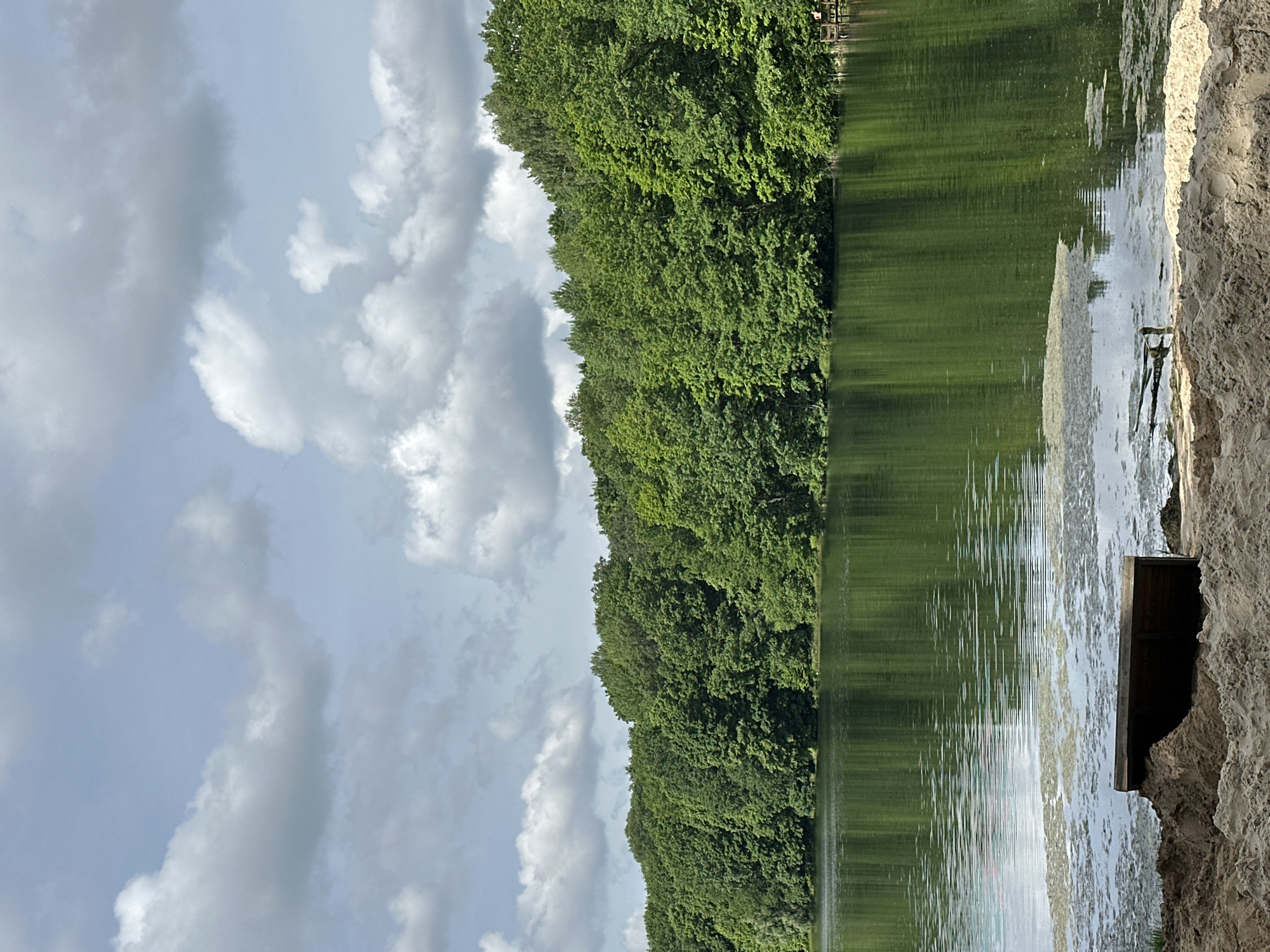 The image depicts a lake or pond scene with trees lining one side of the water. The sky is cloudy. The foreground shows a sandy area with vegetation. A dark, rectangular object, possibly wooden, is located near the water's edge. The water surface reflects the trees and sky. It is unclear if the photo was taken in Nizhny Novgorod.