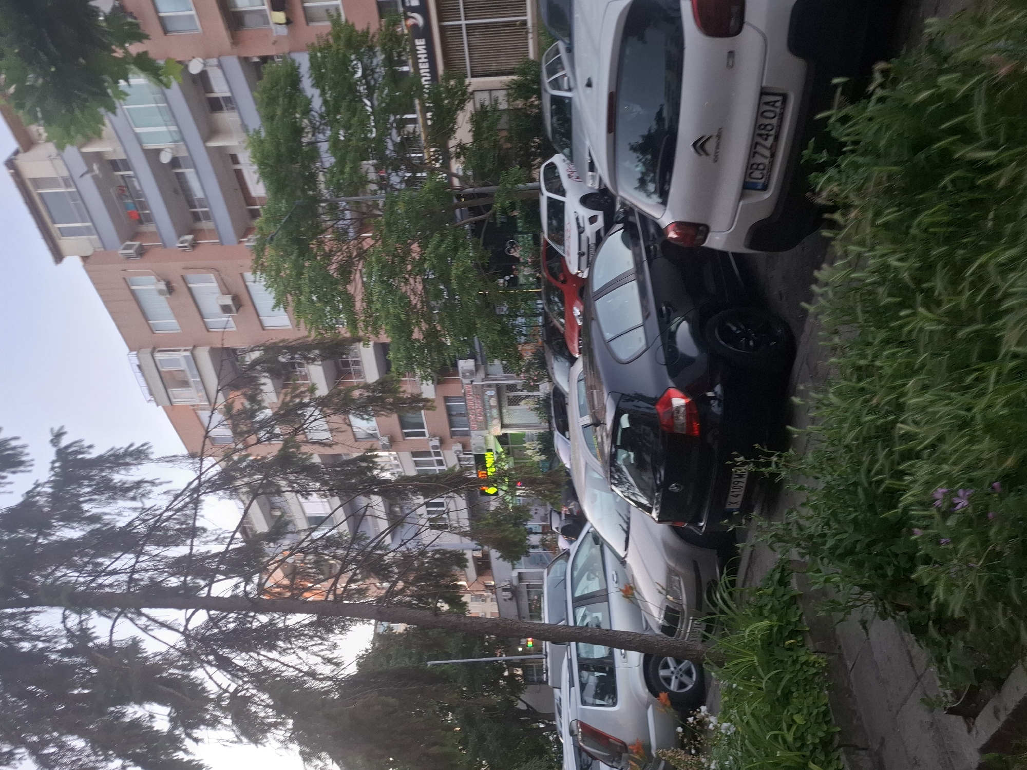 A street scene in an urban environment shows several cars parked on the side of the road. In the foreground, a silver Citroen C3 is parked, facing away from the camera. To its left, a black Skoda Fabia is parked. Further down the street, a white Volkswagen Golf station wagon is visible, as well as a red sedan and other vehicles. Apartment buildings with multiple balconies line the street in the background. Trees and foliage are interspersed throughout the scene. The sky is overcast, and the lighting suggests it is either early morning or late afternoon.