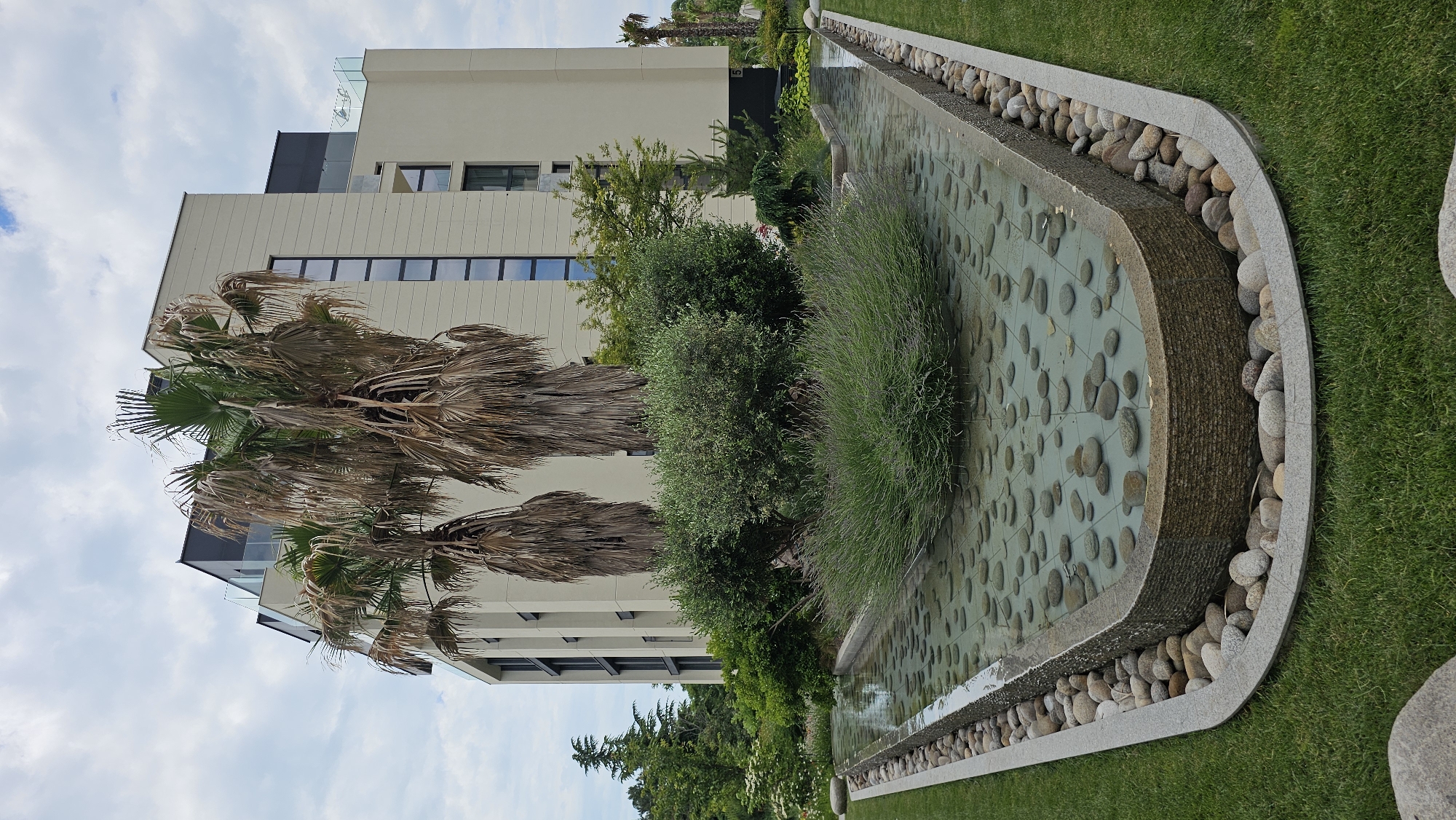 In Varna, Bulgaria, a modern beige building with several stories stands behind a shallow, V-shaped water feature filled with clear water and submerged stones. Two large palm trees with dry fronds are positioned in front of the building, partially obscuring it. The water feature is bordered by a pathway of smooth, grey stones, which then transitions to a well-maintained green lawn. A clump of lush, green lavender or similar herb sits in the center of the water feature. Behind the water feature, a variety of green bushes and trees are visible, adding to the garden-like setting. The sky above is partly cloudy.