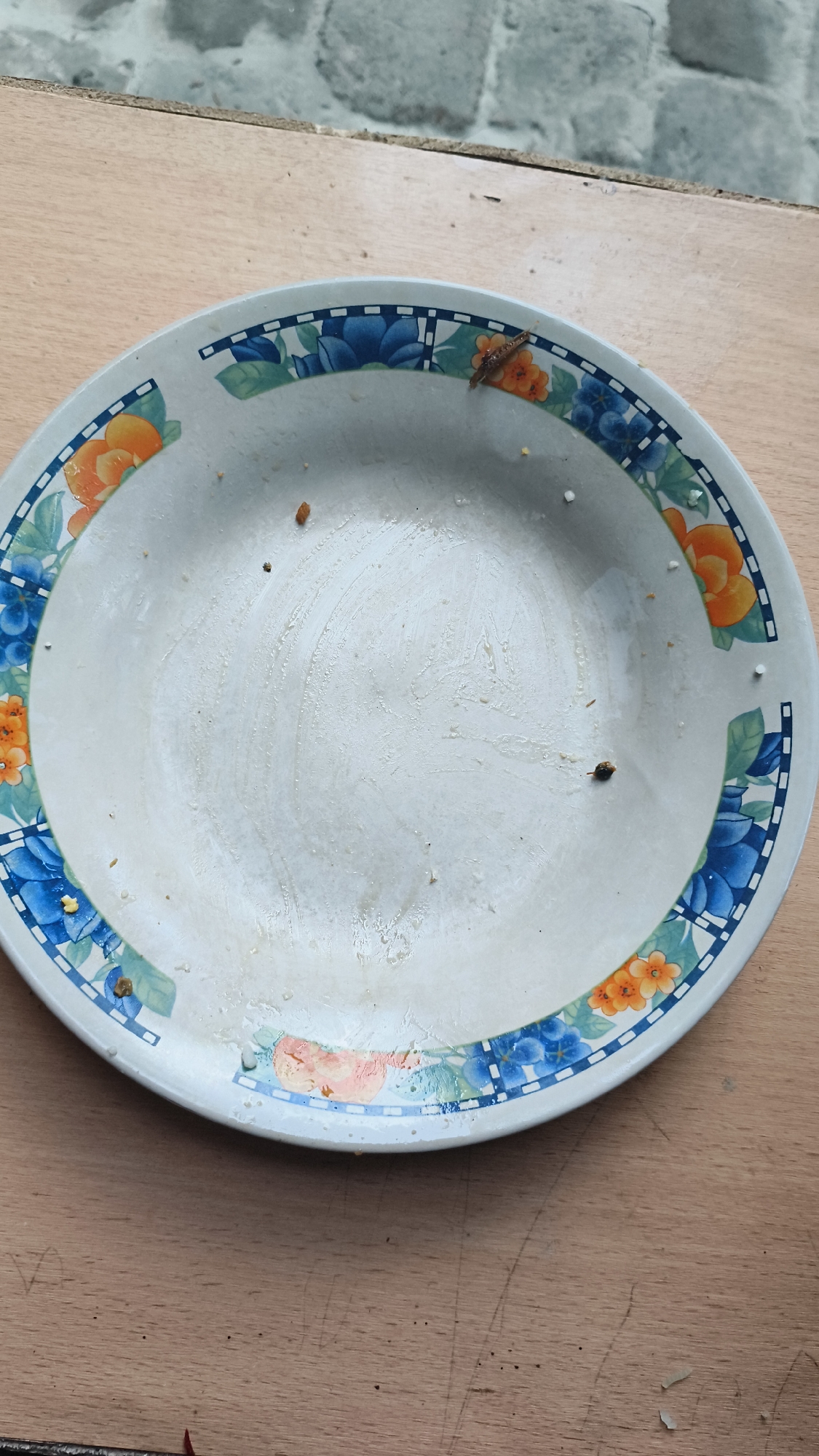 An overhead, medium shot captures a dirty, circular plate with a floral rim situated on a light brown, wooden surface. The plate's interior is smudged with remnants of food, appearing as streaks and small particles. A small, brown insect is visible on the right side of the plate, near the rim. Another, smaller insect or piece of debris is located in the lower right quadrant of the plate. The plate itself has a border decorated with blue and orange flowers and green leaves. The wooden surface below shows visible grain and some minor scuff marks. In the background, a textured grey surface, possibly concrete or stone, is partially visible at the top of the frame. The scene suggests a domestic or outdoor setting, possibly a table in Kerep Kidul, Indonesia, after a meal.