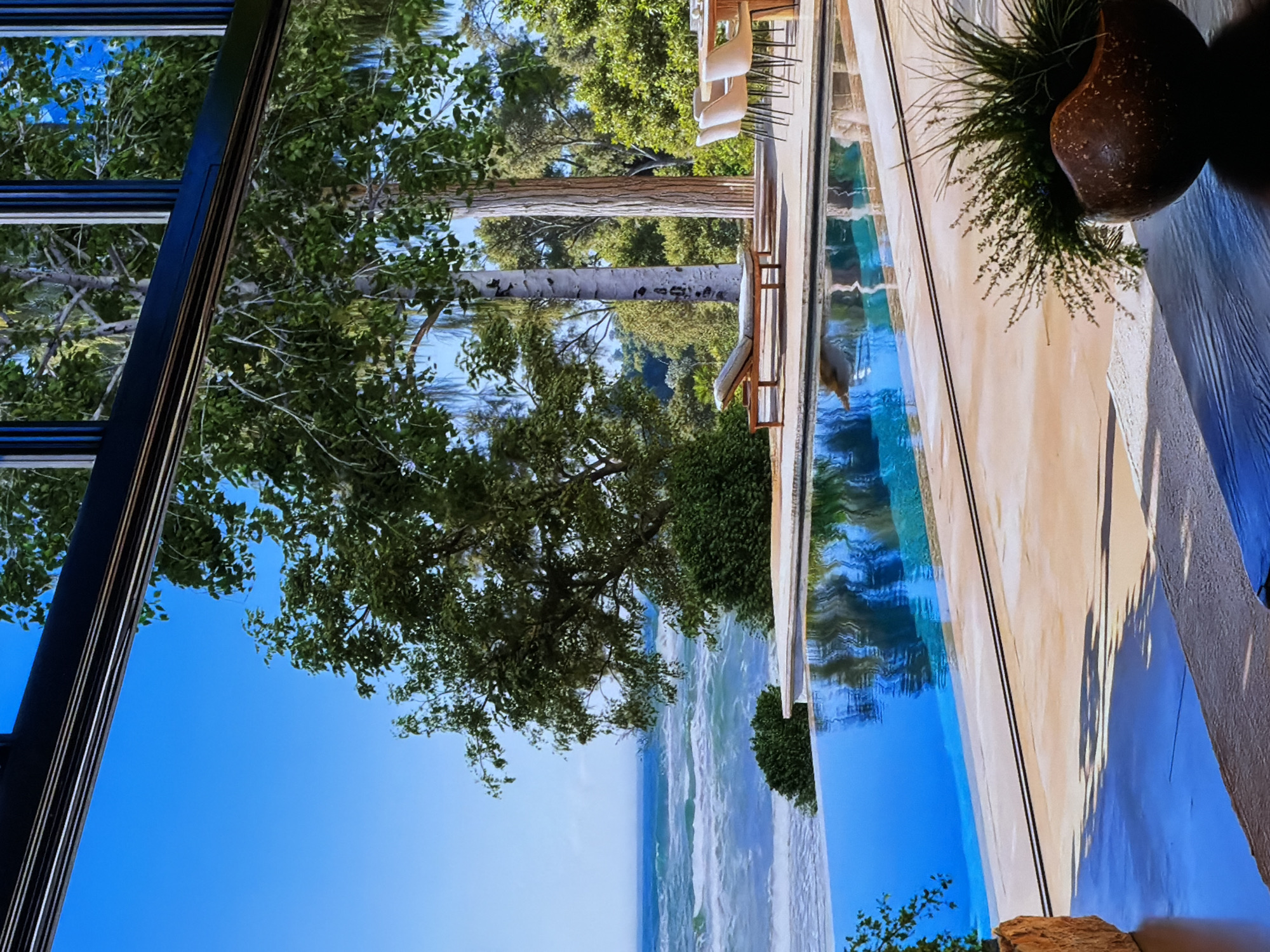 This image captures a tranquil outdoor scene featuring a luxurious swimming pool area set amidst lush greenery, with a distant view of a large body of water. The setting appears to be a high-end private residence or resort under a clear, bright blue sky.
A rectangular infinity-edge swimming pool with pristine blue water dominates the right side of the frame. The water beautifully reflects the sky and the surrounding trees, indicating calm conditions. Adjacent to the pool is a light-colored patio or deck, illuminated by bright sunlight which casts noticeable shadows. On this deck, white, modern outdoor chairs and a table are visible, partially obscured by foliage, along with a cushioned sun lounger suggesting relaxation.
The left and central areas of the image are filled with dense, green trees and vegetation. Several tall, mature trees with distinct trunks, including one with light-colored, almost white bark, stand prominently. A dark, reflective architectural element, possibly a window frame or part of a structure, is visible on the far left, mirroring the sky and greenery.
In the background, beyond the immediate landscape, a vast body of water with visible waves stretches to the horizon, resembling a sea or ocean. The sky above is a brilliant, cloudless blue. In the immediate foreground on the right, a rustic, textured brown pot holds spiky green plants, adding a decorative touch.
The scene depicts bright daylight and sunny weather, creating an inviting atmosphere. No people are present, and there is no visible text. The overall impression is one of peace and natural beauty, situated in Sofiivska Borshchahivka, Ukraine.