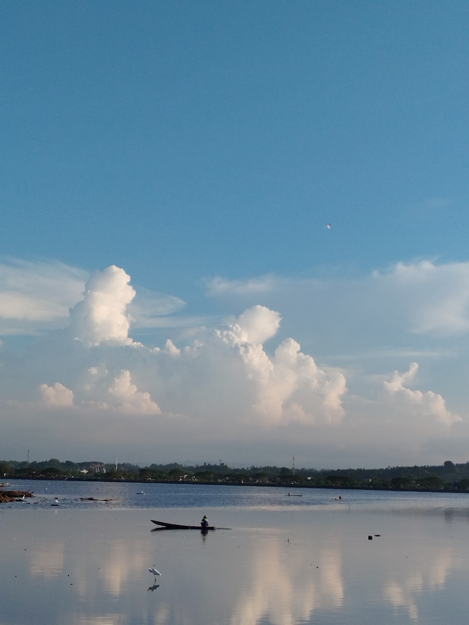 A serene waterscape is depicted under a vast, clear blue sky with scattered, fluffy white clouds. In the foreground, a calm body of water reflects the sky and clouds, creating a mirror-like effect. A lone person is seated in a narrow, dark boat in the middle of the water, appearing to be fishing or navigating. A white bird stands on the water's edge in the lower left quadrant, its reflection clearly visible. In the distance, a line of green trees and structures marks the horizon, suggesting the presence of a town or city. The overall atmosphere is peaceful and tranquil. This scene is likely located in or near the city of Lhokseumawe, Indonesia, known for its coastal landscapes and bodies of water.