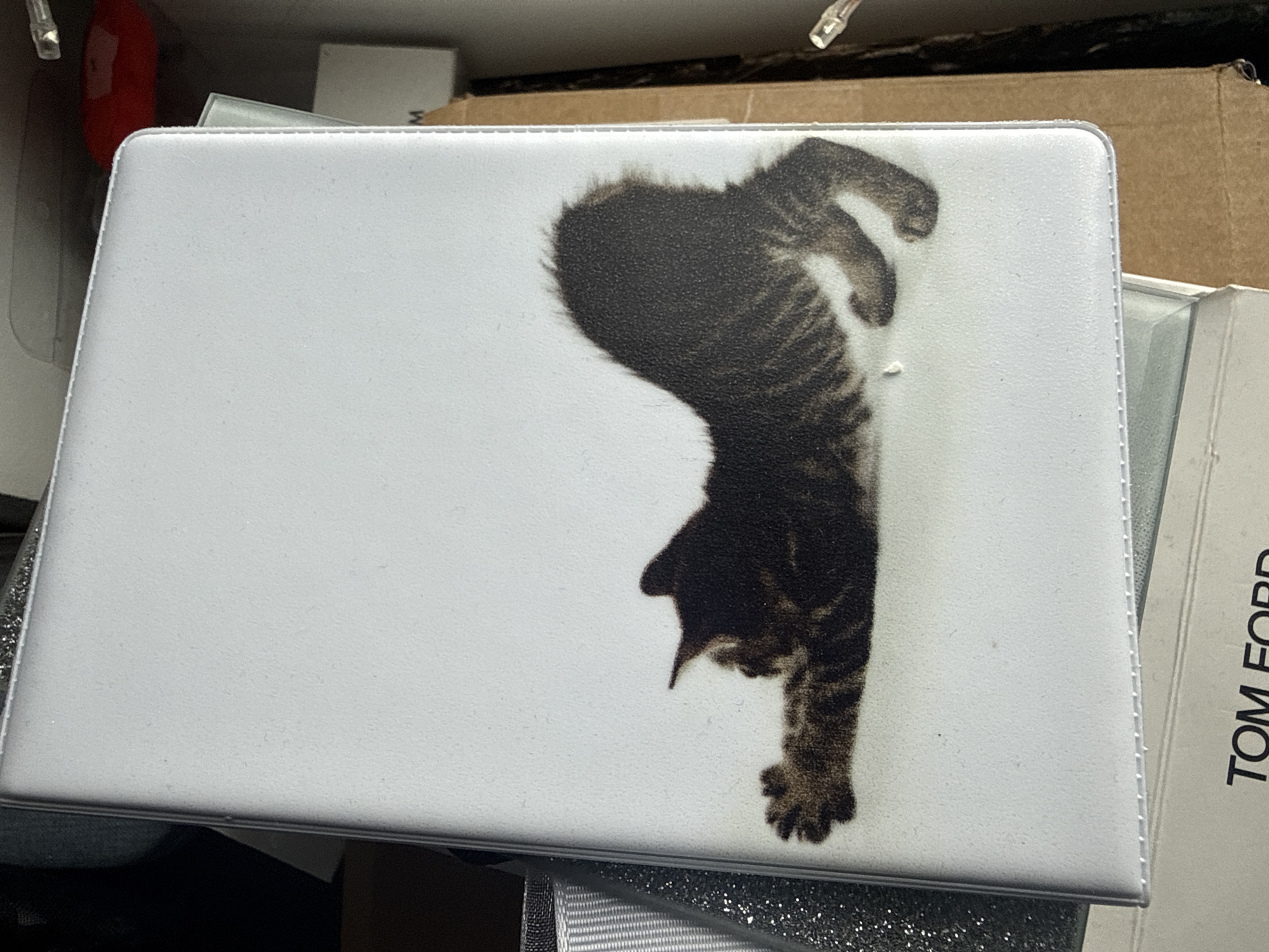 A close-up shows a white rectangular object with a dark tabby cat image printed on its surface. The cat appears to be stretching or arching its back. The object is surrounded by other items, including a partially visible "TOM FORD" box and other packaging. The image seems to be taken indoors under artificial lighting. No specific location in Saint Petersburg, Russia, can be determined from this image.