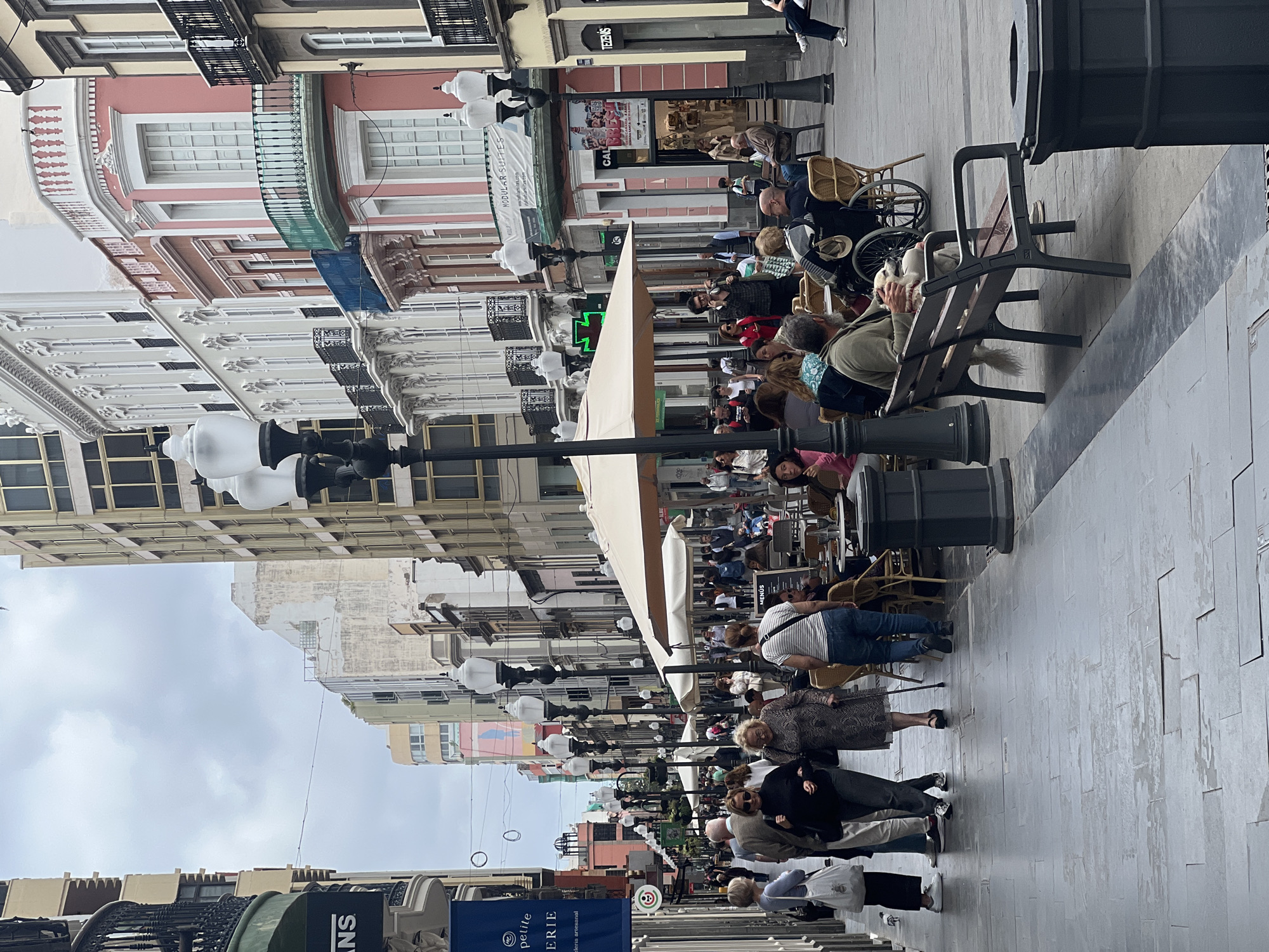The image presents a vibrant, vertically oriented street scene in a bustling pedestrian area, characteristic of an urban center like Las Palmas De Gran Canaria, Spain. Multi-story buildings line both sides of the street, showcasing diverse architectural styles with facades in colors like white, pink, and beige. Many buildings feature ornate balconies with intricate wrought-iron railings.
Numerous people are visible, populating the street and outdoor cafe areas. A significant number are seated at tables under light-colored awnings, enjoying drinks or meals. Others are strolling along the paved street. The crowd appears to be of various ages, including several elderly individuals; one person is seen in a wheelchair, and another uses a walking stick. A heartwarming detail shows a person seated on a bench, gently stroking a small, light-colored dog. The atmosphere appears relaxed and social, suggesting a pleasant daytime setting.
The street is adorned with traditional-style street lamps featuring multiple white globes, extending into the distance. Other street furniture includes dark benches and trash cans. The sky is overcast, indicating a cloudy day, but sufficient ambient light illuminates the scene.
Several pieces of text and signage are visible: "MODULAR SUITES" is displayed on a banner. A shop sign reads "EZEN'S". A blue banner shows "PETITIE ERIE" along with "Sierra artesanal". A prominent green cross symbol, commonly associated with pharmacies, is visible. A menu board clearly states "MENÚS". Partial text like "CAL" and "B R E D" can be seen on a large poster. Another banner partially reveals "VANS", and a circular sign depicts a "no smoking" symbol. The street is paved with light grey and darker tiled sections.
