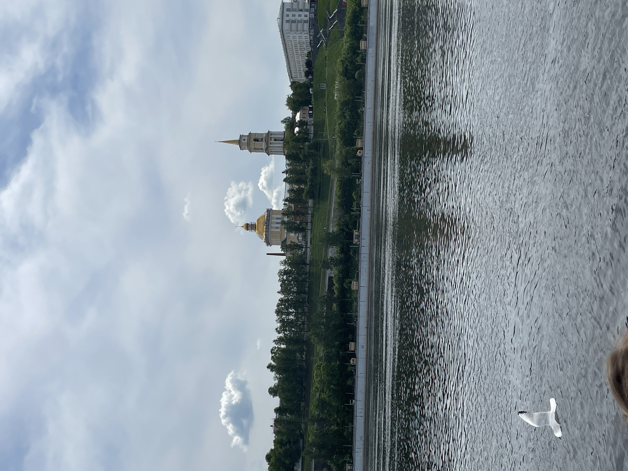 This image captures a serene waterfront scene in Perm, Russia, under a partly cloudy sky. The lower half of the frame features a wide expanse of water, likely the Kama River, its surface covered in ripples that reflect the soft, diffused light from above.
Across the water, a green, landscaped bank forms the middle ground, densely populated with trees and patches of grass. Along this shoreline, several notable buildings are visible. On the left, a large, light-colored edifice with a prominent golden dome and classical architectural elements stands out, indicative of a historic church or cathedral. To its right, a tall, slender bell tower or spire with a pointed golden top rises above the surrounding greenery. Further right and set back from the river, a modern, multi-story white building with numerous windows suggests contemporary urban development.
The sky above is a mix of light blue and scattered white-grey clouds, suggesting a moderately bright day without direct harsh sunlight. In the lower right corner, a white bird, resembling a seagull, is captured mid-flight over the water, its wings outstretched. A small portion of a person's head with brown hair is just visible at the very bottom right, implying the photograph was taken from a close vantage point, possibly from a boat or pier. The scene conveys a tranquil blend of natural riverine beauty and historical urban architecture. No legible text is visible.