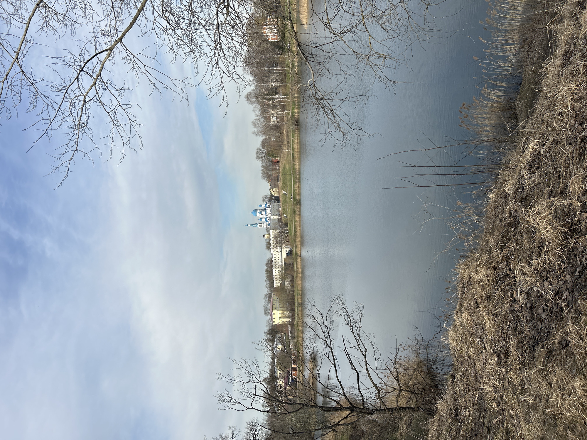 The image depicts a body of water with a building complex on the opposite bank. The architectural style of the complex suggests it might be an orthodox church, recognizable by its blue domes. The foreground includes foliage and bare trees, indicative of either early spring or late autumn. The sky above is overcast, suggesting a day with diffused light. The location is unidentified without additional details.