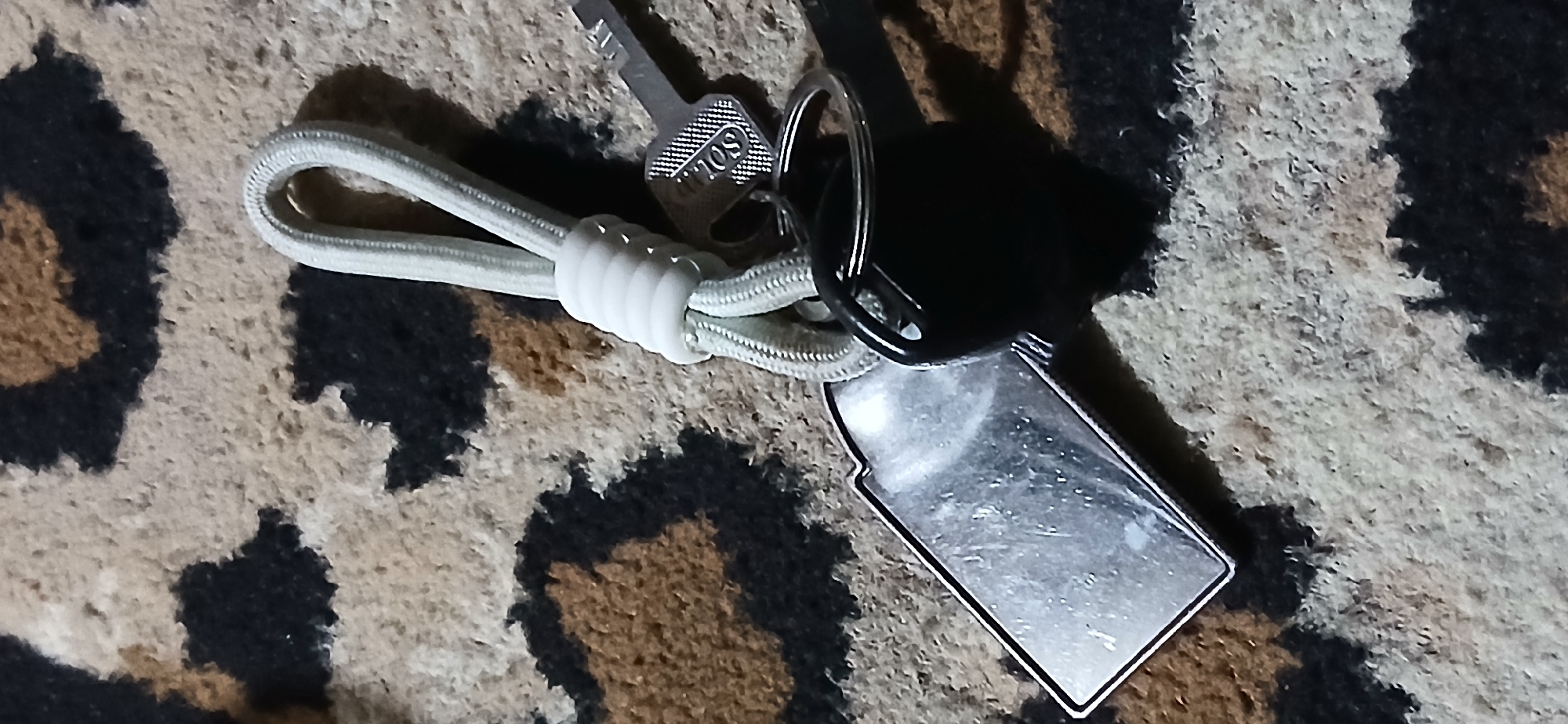 A close-up shot, taken from a high angle, shows a keychain with a silver rectangular fob and two keys attached to a white braided cord. The keychain rests on a surface with a leopard print pattern, featuring patches of black, brown, and tan. The background is slightly blurred, drawing focus to the keychain. The lighting in the scene appears to be artificial, creating some glare on the metallic fob. The overall impression is a casual, everyday object placed on a decorative surface. The location is not determinable from the image alone.