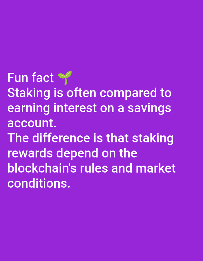 The image shows a purple background with white text. The text reads: "Fun fact ๐ชด Staking is often compared to earning interest on a savings account. The difference is that staking rewards depend on the blockchain's rules and market conditions." There is no indication of Lagos, Nigeria, or any specific location in the image.