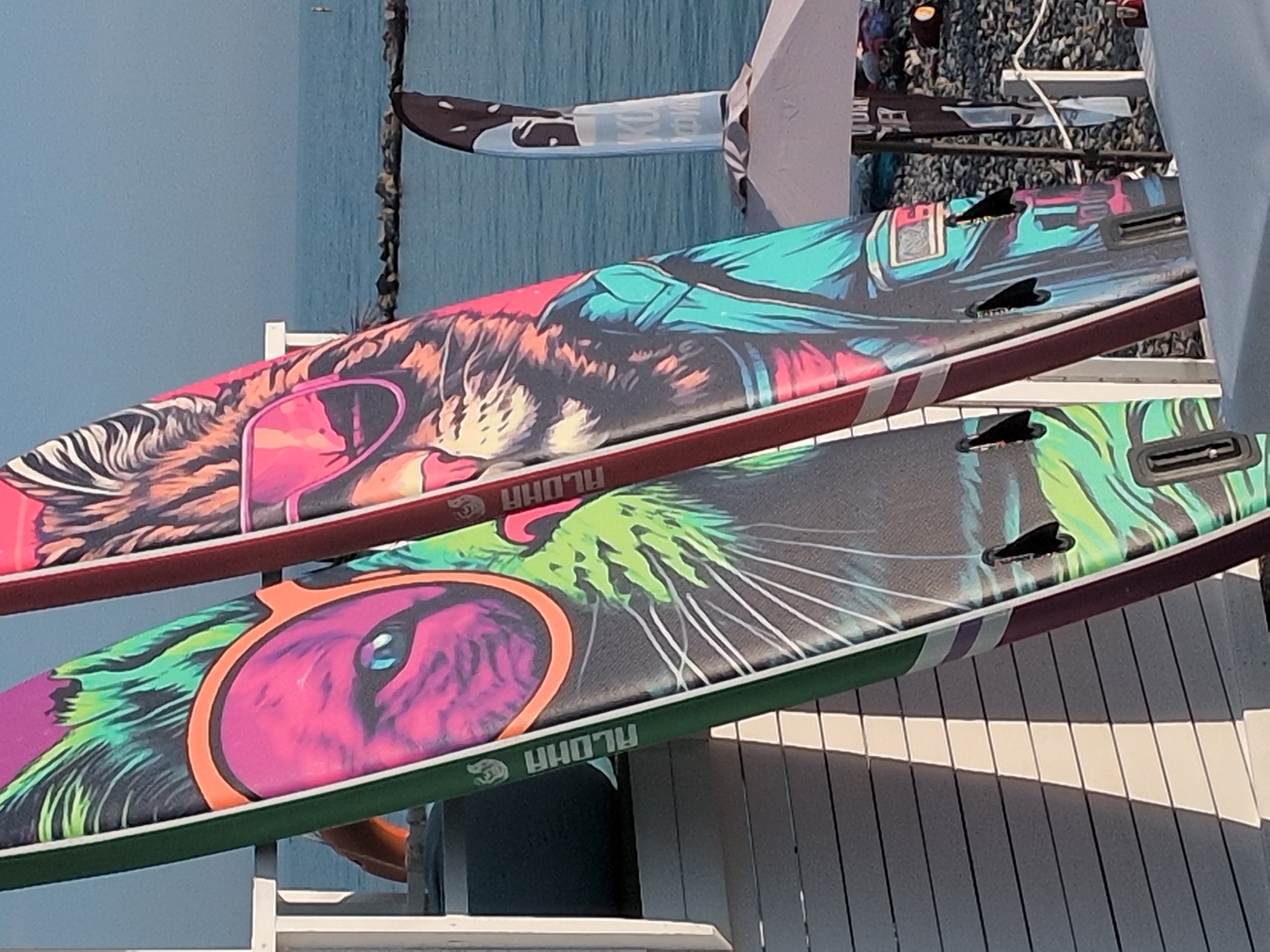 This image depicts two colorful stand-up paddleboards (SUPs) leaning against a white, slatted wooden structure on a sunny day at a beach in Sochi, Russia.
The board on the left has a dark green rail and features a stylized illustration of a green-furred feline head wearing large, orange-rimmed, pink-lensed sunglasses, with a visible blue eye. The brand "ALOHA" is printed vertically in white along its rail. Three black fins and a fin box are attached to the underside.
The board on the right has a dark red rail and displays a stylized illustration of a striped feline head, resembling a tiger, wearing pink-rimmed, pink-lensed sunglasses and a teal-blue jacket. "ALOHA" is also printed vertically in white along its rail. It also has three black fins and a fin box on its underside. Both boards have a textured, dark grey deck pad.
In the background, a calm, blue sea extends to the horizon under a clear, light blue sky. A line of dark rocks, forming a breakwater, is visible in the mid-ground water. The foreground reveals a pebbly beach with a partially open, grey, octagonal beach umbrella on the right. A tall, black and white flag with an abstract design stands behind the right surfboard, and another white banner with dark, partially legible text (possibly Cyrillic) is visible further back. An indistinct orange object, possibly an inflatable or a person's limb, is visible behind the upper left surfboard against the sea. Strong, direct sunlight casts distinct shadows from the wooden structure onto the ground. No active human figures are clearly identifiable in the immediate scene.