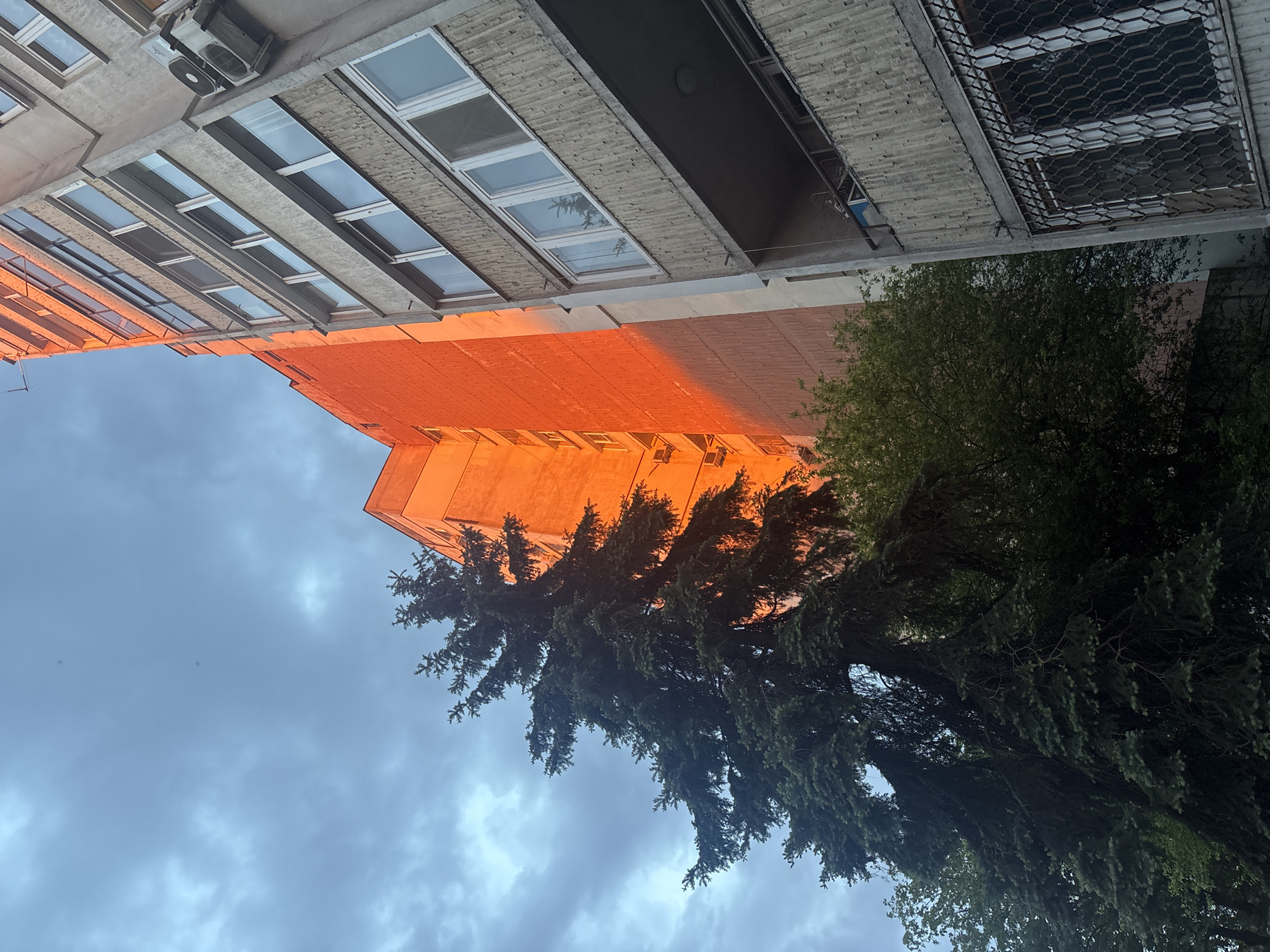 The image shows a view looking up at two buildings and a tree. The building on the left appears to be made of concrete with rows of windows, some of which have air conditioning units. The building on the right is a light orange color, possibly brick. A tall, dark green tree is positioned between the two buildings, obscuring parts of them. The sky is visible in the background, with an overcast look. The location is Unknown, Unknown.