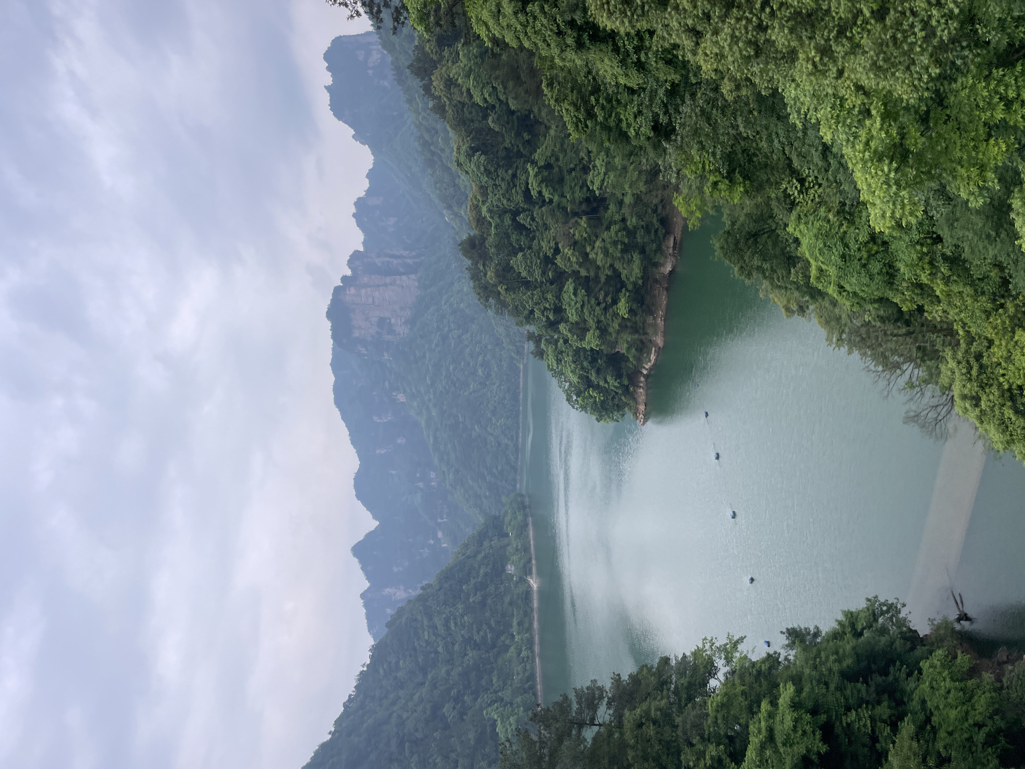 The image captures a scenic view of a lake surrounded by lush, green mountains, likely taken in Wulingyuan, China. The lake's water surface is relatively calm, reflecting the cloudy sky. Several small boats are scattered across the water's surface, hinting at possible recreational activity. Dense foliage covers the surrounding mountains, with varied shades of green indicating different types of vegetation. The mountains in the background rise to form a rugged ridgeline, shrouded in mist, adding depth and a sense of grandeur to the landscape. The overall atmosphere is one of tranquility and natural beauty.