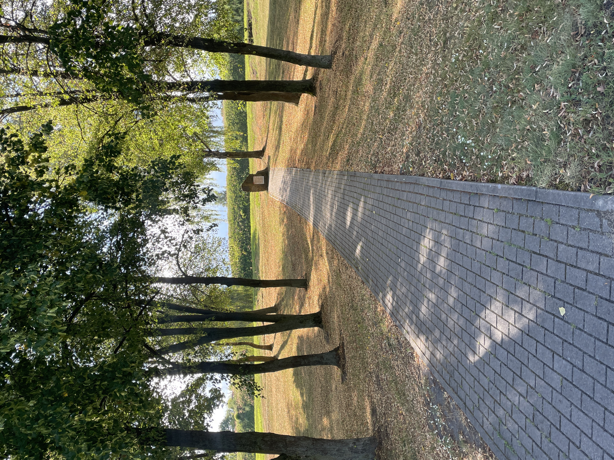 The image depicts a paved pathway leading through a park-like setting with numerous trees casting shadows on the ground. The path, constructed of grey interlocking pavers, curves gently towards a small stone monument in the distance. The ground beside the path is covered in dry leaves and sparse grass, suggesting an autumn or late summer scene. The trees, with full green canopies, are spaced throughout the area, and the sunlight filtering through the leaves creates dappled patterns on the path and the surrounding grass. In the background, a low hill is visible, with a dense line of trees or bushes forming a natural border. The overall impression is one of a serene and contemplative outdoor space. This location is likely the Brest Fortress Memorial Complex in Brest, Belarus, a significant historical site that often features such pathways and monuments commemorating World War II events.