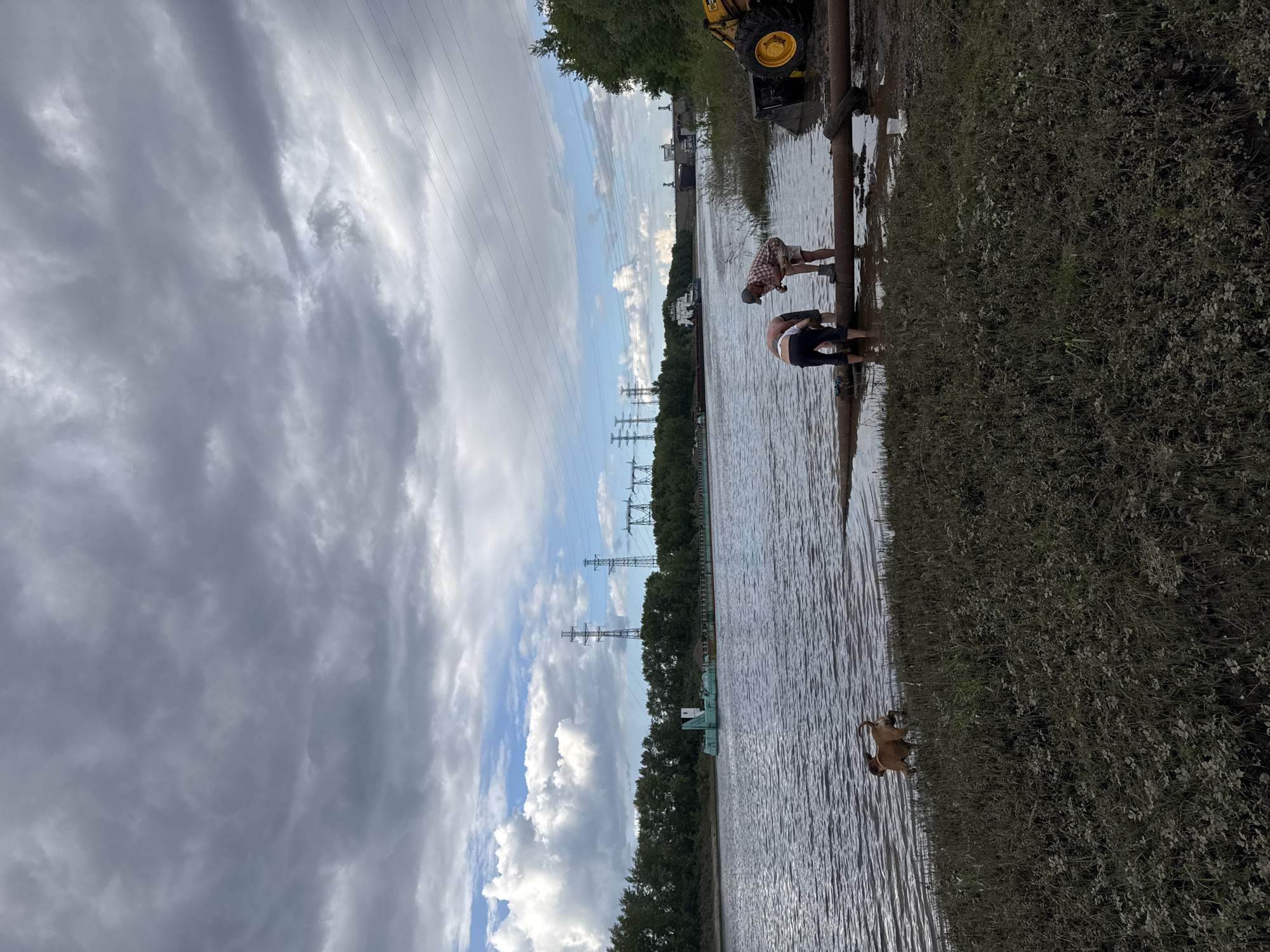 The image shows a wide, choppy river under a dramatic, cloudy sky. On the muddy bank in the foreground, three people are working with a large pipe that is partially submerged in the water. One person, wearing a plaid shirt and shorts, is standing and observing, while another, in dark pants and a white shirt, is bent over the pipe. A third person, also in dark pants and a white shirt, is partially visible behind them. A small, brown dog stands on the grass near the water's edge, looking towards the river. In the background, several barges are visible on the river, and tall power lines stretch across the horizon, suggesting an industrial or urban area. The overall impression is one of a working waterfront or a project being carried out by the river. The presence of industrial elements like barges and power lines, along with the river itself, could suggest a location like the Kama River near the city of Chaikovsky, Russia, known for its hydroelectric power station and industrial activity along its banks.