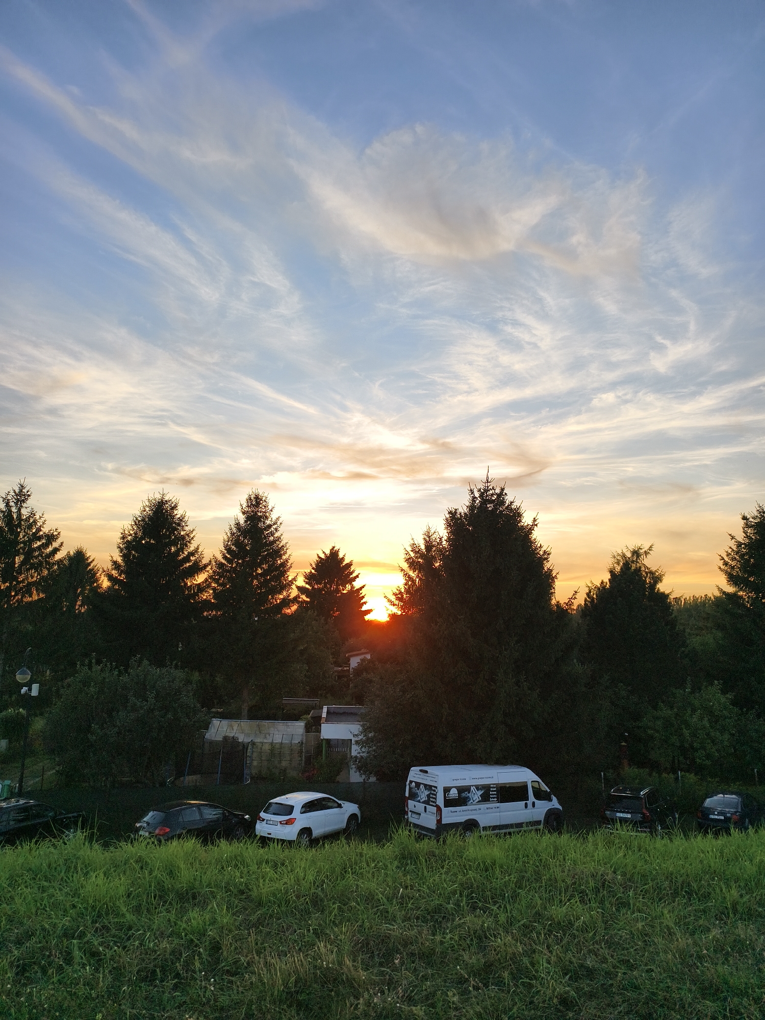 The image captures a sunset over a green, grassy embankment in Tczew, Poland. A line of dark green coniferous trees forms a silhouette against the sky, which is painted with streaks of white clouds against a blue and orange gradient as the sun sets behind them. In the foreground, several vehicles are parked on the grass. From left to right, there are parts of three dark cars, followed by a white hatchback, and then a white van with various text and logos on its side. Further to the right, a black vehicle is visible, and the edge of another dark car. Beyond the trees, there are glimpses of buildings, including a greenhouse-like structure. The overall scene depicts a tranquil, late afternoon or early evening setting.