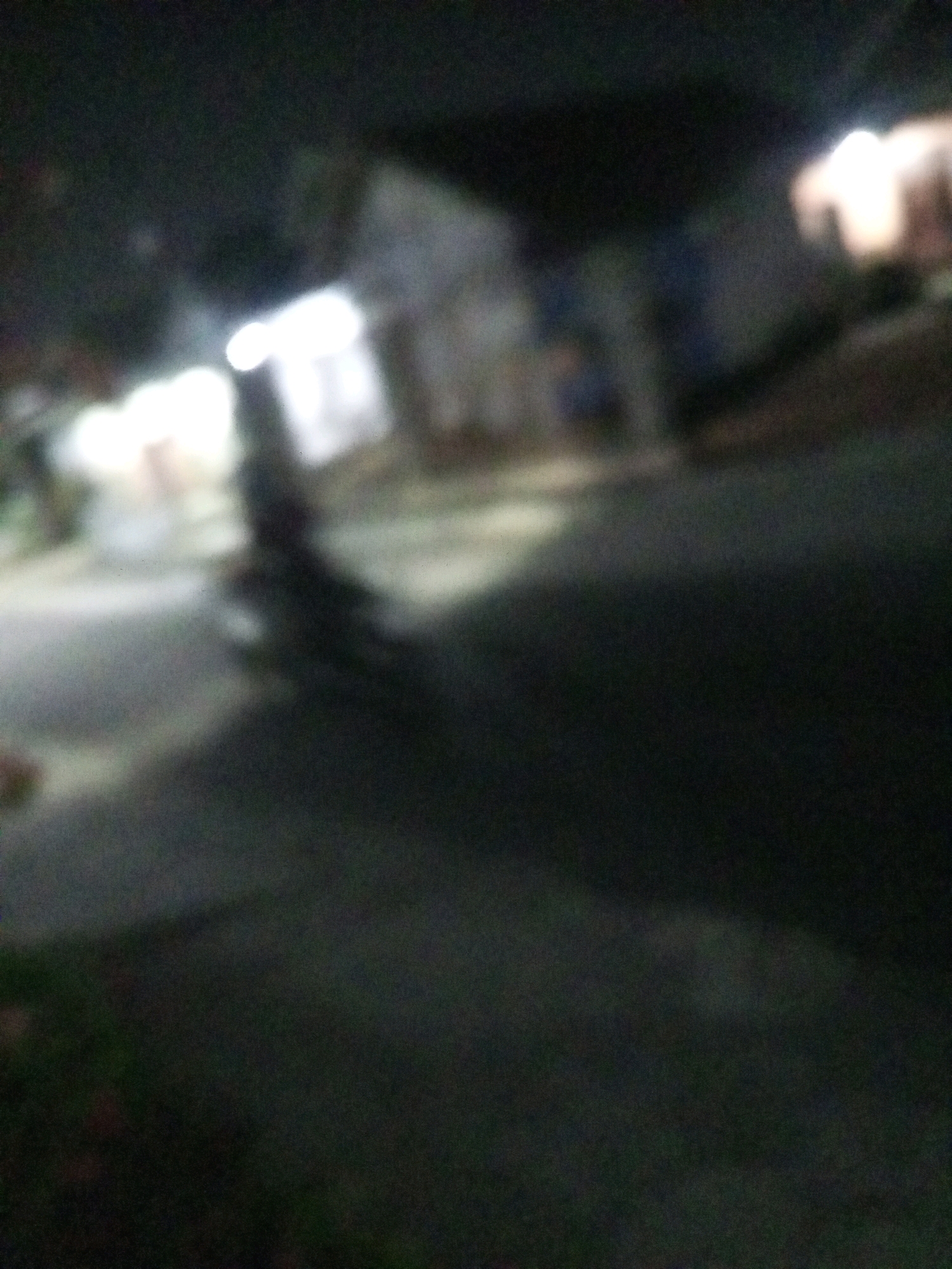 A blurry, low-light image captures a street scene at night in Ngasem, Indonesia. The foreground is dominated by a dark, indistinct road surface. In the mid-ground, the faint outlines of buildings are visible, illuminated by what appear to be streetlights or lights from within the structures. A dark, blurry shape that resembles a motorcycle or scooter is present on the left side of the road, suggesting movement or parked status. The overall impression is one of a quiet, possibly residential street at night, with limited visibility due to darkness and the blurriness of the photograph.