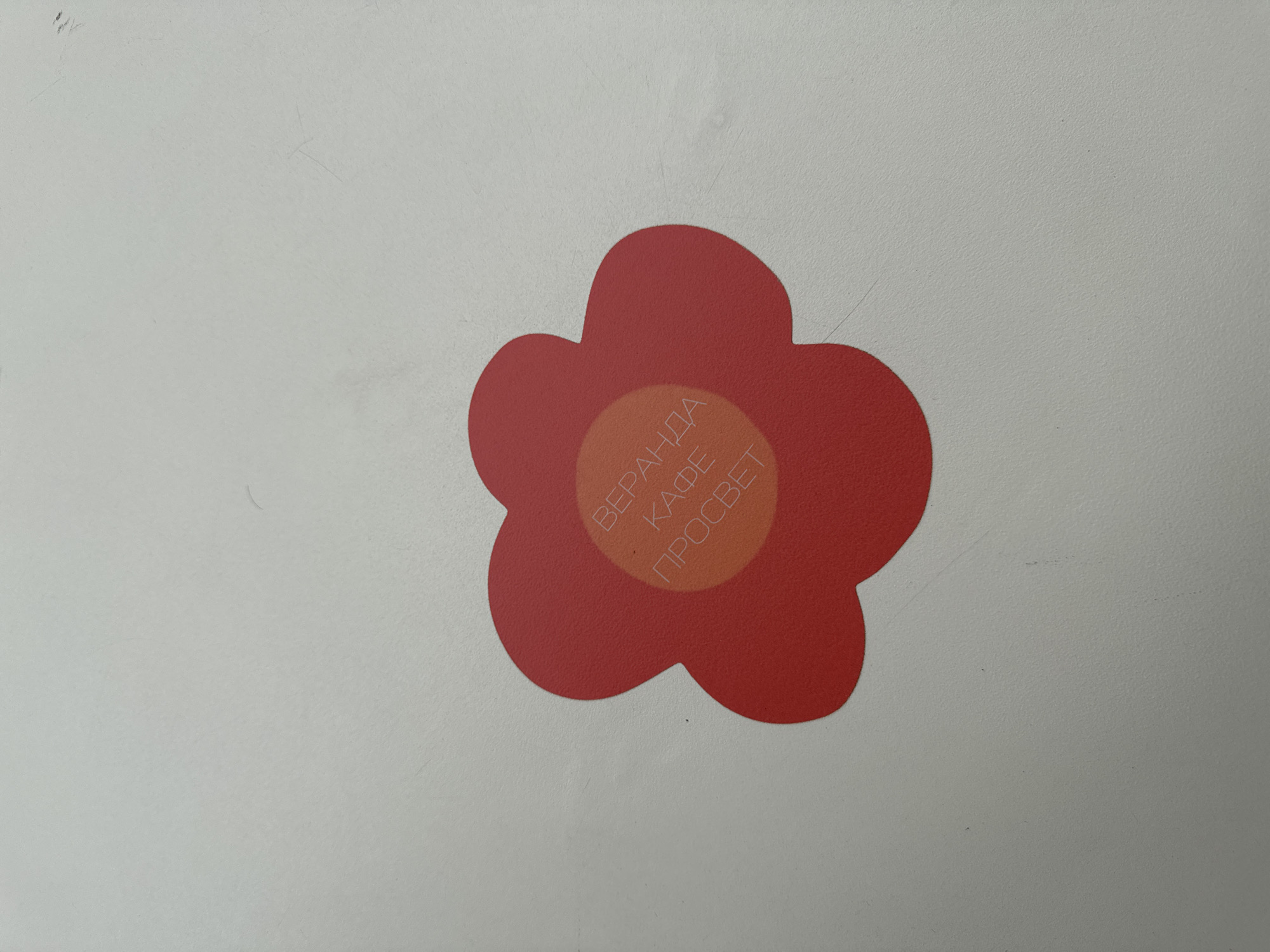 A red, stylized flower sticker is adhered to a light gray textured surface, possibly a wall or tabletop. The sticker has a circular orange center with white text in Russian. The text reads "ВЕРАНДА КАФЕ ПРОСВЕТ" which translates to "VERANDA CAFE PROSVET." The sticker is positioned slightly off-center to the left in the image. The background is plain and shows some subtle scratches. There are no people or other objects visible in the frame.