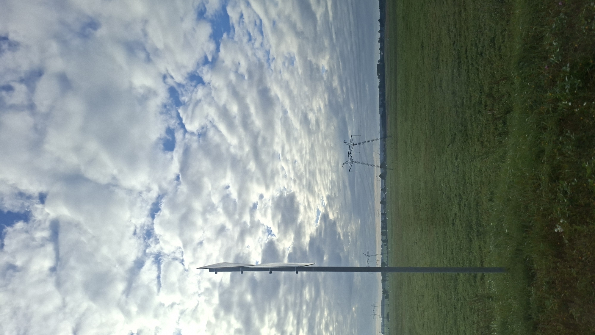 An outdoor, low-angle, vertical full shot captures a vast, green, flat field under a dramatic, cloudy sky. In the foreground, a tall, thin, grey metal pole stands to the left of the frame, holding two rectangular signs. The field stretches towards the horizon, dotted with several high-voltage electricity pylons. The sky is filled with a mix of white and grey clouds, with patches of blue sky visible. The overall impression is one of a rural landscape on a partly cloudy day. The scene appears to be in the vicinity of Докшыцкі сельскі Савет, Belarus.