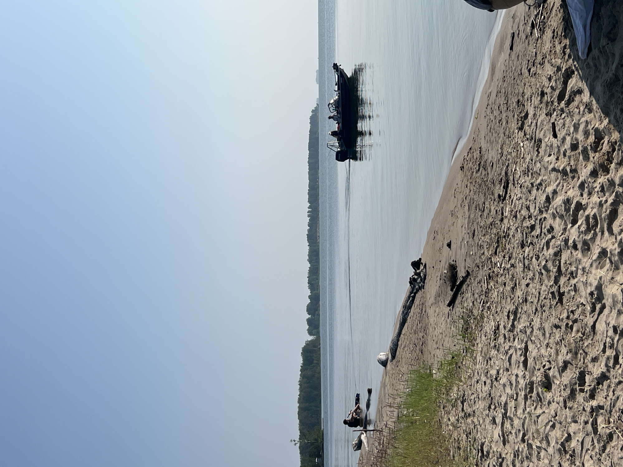 The image depicts a serene lakeside scene on a clear, sunny day. In the foreground, a sandy beach is littered with driftwood and some sparse vegetation. The gentle lapping of waves is suggested by the calm, reflective surface of the water.
Further out on the lake, a small motorboat with several occupants is visible. The boat appears to be in motion, leaving a slight wake. In the middle ground, a person is seated on what appears to be a paddleboard in the shallow water near the shore.
The background features a dense line of green trees, likely a forest, bordering the far side of the lake. The horizon is a clear, pale blue sky, with no clouds visible. The overall impression is one of tranquility and outdoor recreation. The location is identified as Borovoe, Russia.