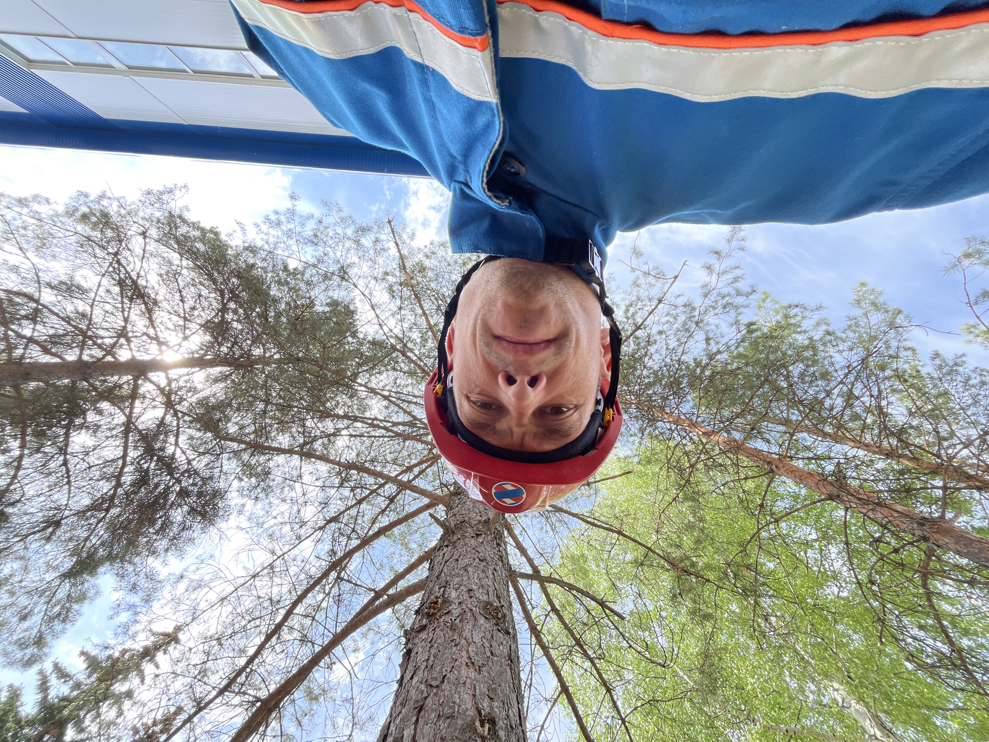 A man wearing a red helmet and a blue jacket with orange and white stripes is looking down at the camera. He is standing in a wooded area, with tall trees visible behind him. The photo appears to be taken from a low angle, looking up at the man. It is not possible to determine the location within the city of Chaikovsky, Russia from the image alone.