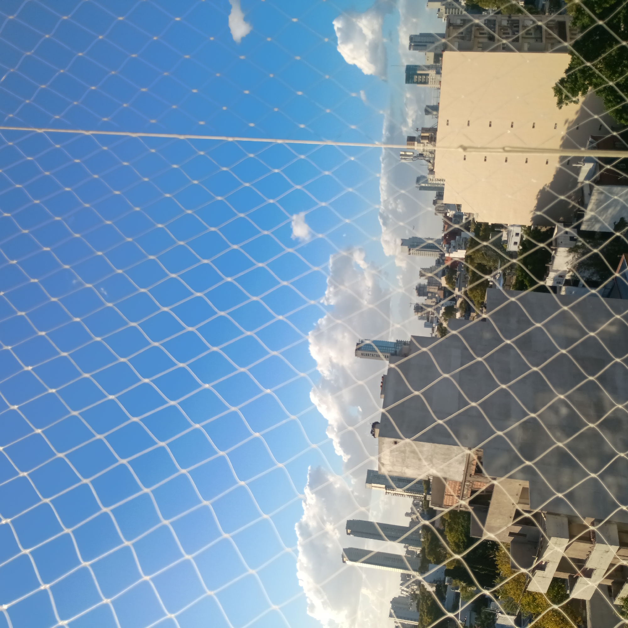 The image shows a view of a city skyline through a safety net. The sky is blue with scattered white clouds. The buildings appear to be a mix of residential and commercial structures, varying in height and architectural style. Trees are interspersed among the buildings.