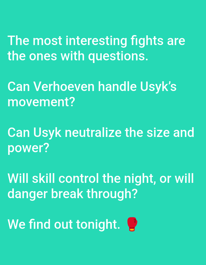 The image is a teal square with white text. The text reads "The most interesting fights are the ones with questions. Can Verhoeven handle Usyk's movement? Can Usyk neutralize the size and power? Will skill control the night, or will danger break through? We find out tonight." A red boxing glove emoji is located to the right of the last line of text.