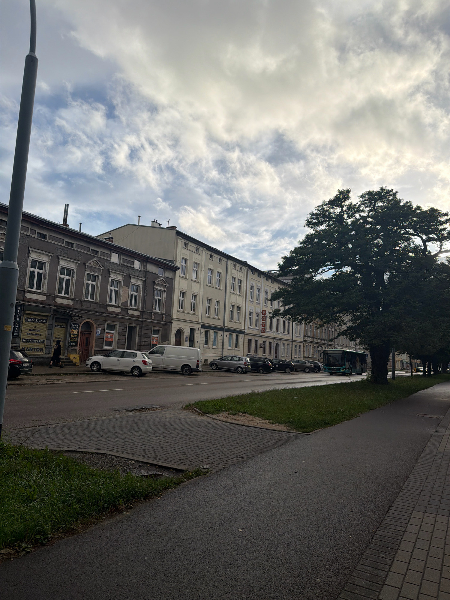 A street scene in Koszalin, Poland, features a row of multi-story buildings with classic architectural details lining the left side of the image. Cars are parked along the curb in front of these buildings, and a white van is also visible. A bus is driving down the street on the right side of the image, passing by a large, mature tree with a wide canopy. The sidewalk on the right is paved with bricks, contrasting with the asphalt road and a patch of grass between the road and the sidewalk. The sky is partly cloudy, with sunlight breaking through the clouds, suggesting it is daytime.
