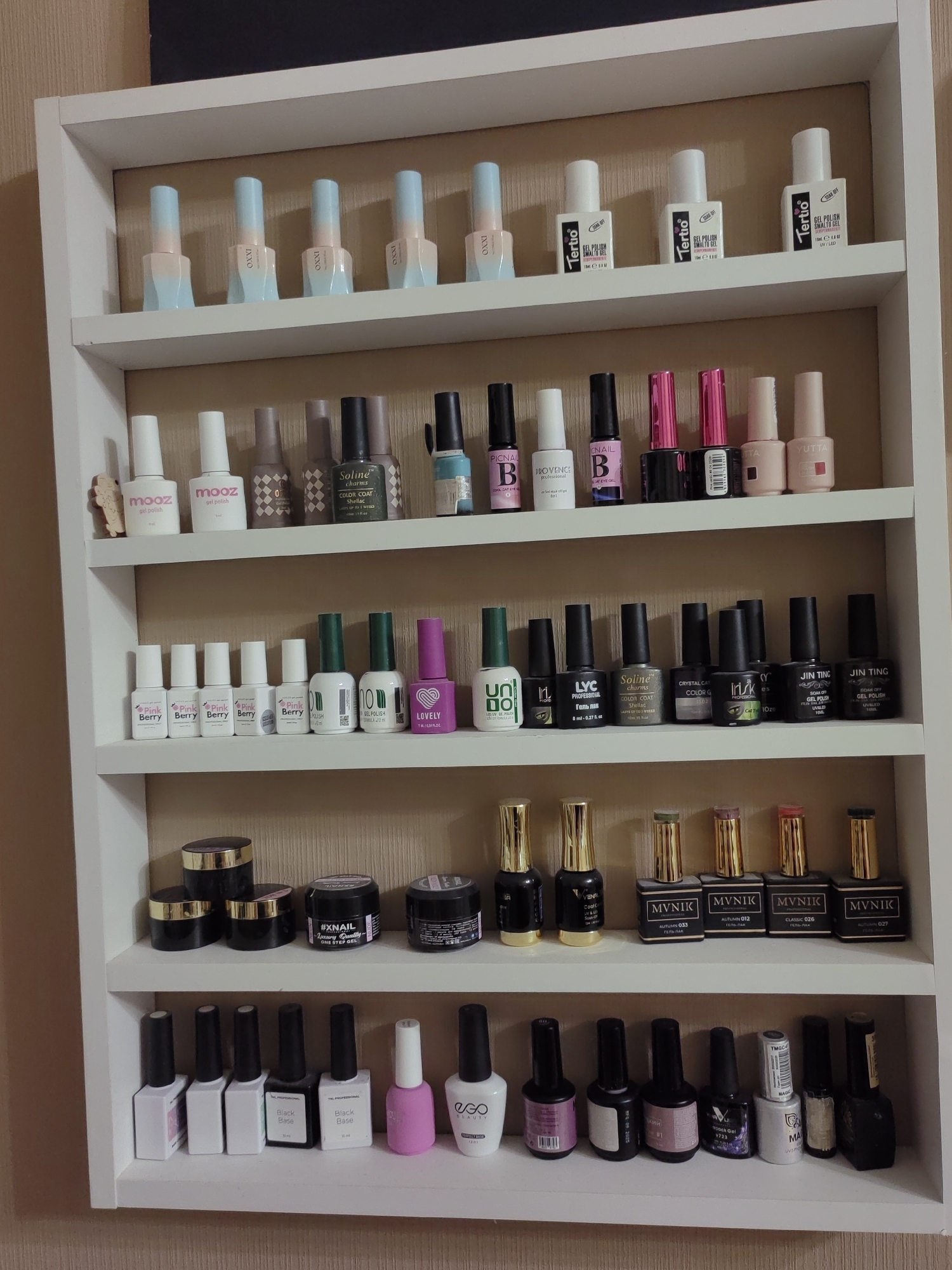 The image shows a white, multi-shelf unit containing an assortment of nail polish bottles and jars. The shelves are filled with rows of bottles of various sizes, shapes, and colors, predominantly displaying shades of pink, white, black, and lighter pastel tones. Some bottles have distinct branding, while others are unbranded or have less legible labels.
The nail polish bottles are arranged neatly in rows on each shelf. The top shelf features bottles with pastel blue and peach colored tops. The second shelf from the top has white bottles with black text and some pink-capped bottles. The third shelf from the top contains a variety of bottles with colored caps and some clear bottles with colored polish. The fourth shelf is populated with mostly black bottles with gold caps, and some jars. The fifth shelf from the top has several black-bottled nail polishes, some with white labels. The bottom shelf has a row of white and black square bottles, and then a few more bottles with colored polish and black caps. There are also a few jars of product on the shelves. The overall arrangement suggests a collection or display of nail care products.
The background appears to be a wall with a textured pattern, possibly wallpaper. The lighting suggests an indoor environment.
The description of the image does not include information about the city of Ostafievo, Russia, as this information is not present in the visual data.
