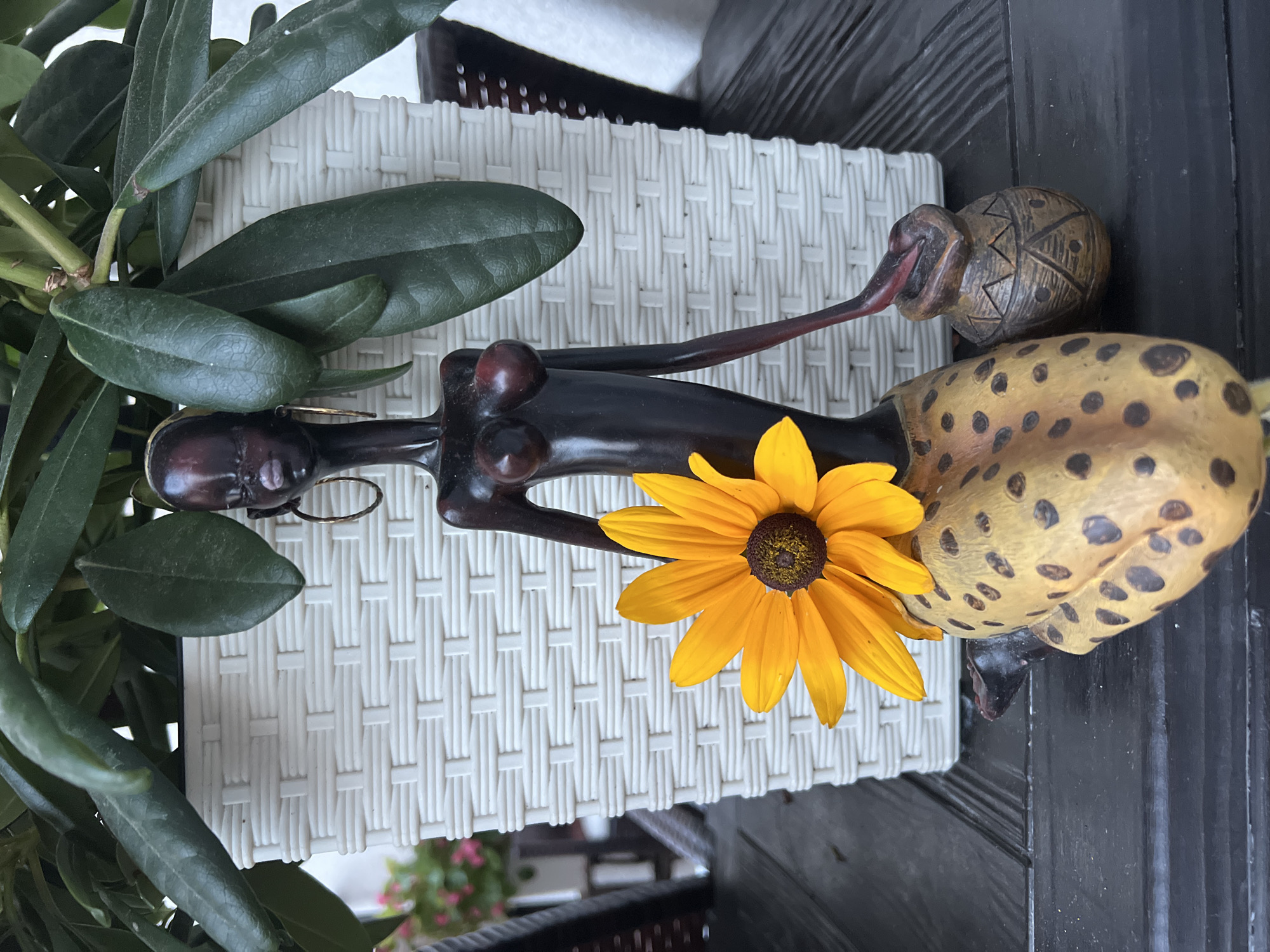 A close-up, eye-level shot captures a wooden figurine of a woman with dark skin and exaggerated features, adorned with gold hoop earrings. The figurine is positioned in front of a white woven planter filled with lush green foliage. A bright yellow flower with a dark brown center rests on the figurine's lap, adding a vibrant splash of color. The woman's lower body is depicted as a spotted, gourd-like shape, and she holds a small, intricately carved pot in her right hand. The figurine and planter sit on a dark wooden surface, likely a table, with a hint of a white railing in the background. The scene appears to be set outdoors, possibly on a balcony or patio, with the city of Kleosin, Poland, as the surrounding environment.
