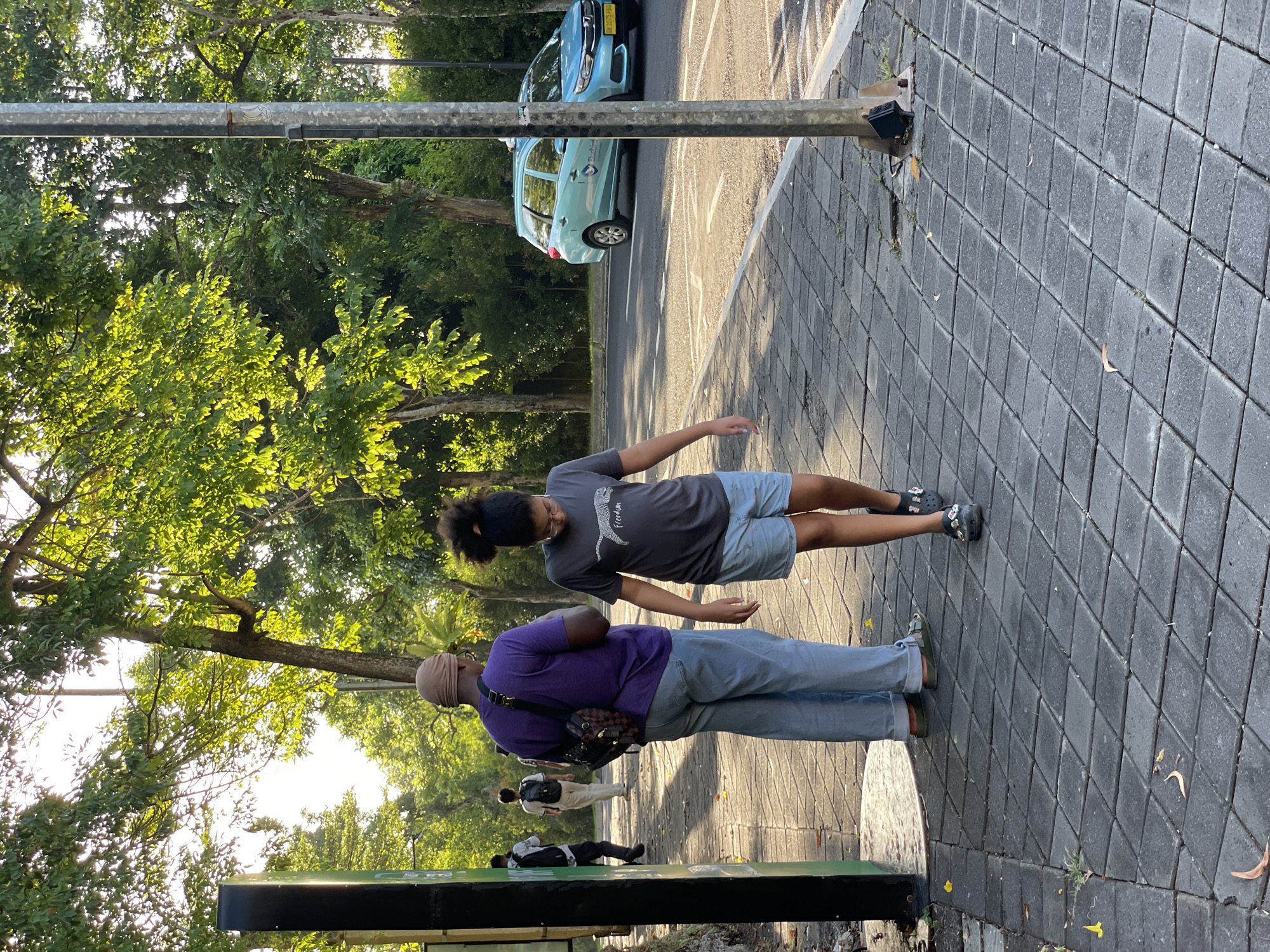 The image captures a sunny daytime street scene in what appears to be Kuta Selatan, Indonesia. The perspective is from slightly above, looking down a paved sidewalk and an adjacent road lined with lush green trees.
In the foreground, two individuals are standing on a sidewalk made of interlocking gray concrete blocks. The person closer to the camera, seen from behind, wears a purple t-shirt, light blue jeans, and a light brown head covering. They have a patterned, dark brown cross-body bag slung over their shoulder. Slightly to their right and a step forward, another person with dark, curly hair tied back wears a dark gray t-shirt featuring a white graphic of an animal (possibly a cheetah or jaguar) with the word "Freedom" printed beneath it. This individual also wears light blue shorts and black Crocs with decorative pins. They are looking downwards.
Further down the sidewalk, in the mid-ground, other people are visible. One person, wearing light-colored clothing and a backpack, walks away from the camera. Another figure is seated or lying on a low, green-topped structure located on the left side of the sidewalk. This person is dressed in dark attire, including a dark jacket and pants, and has a white backpack.
To the right of the sidewalk, a paved road stretches into the distance, with white lane markings visible. A light blue car, possibly a Honda Mobilio, is seen driving or parked on the road, heading away from the camera. Dense, vibrant green trees with sunlit foliage line both sides of the road and sidewalk, creating a tropical atmosphere. A vertical metal pole stands on the sidewalk near the road, and a horizontal metal bar is visible higher up, crossing the frame. The strong sunlight and clear skies suggest a pleasant, bright day, likely morning or late afternoon given the quality of light and shadows.
