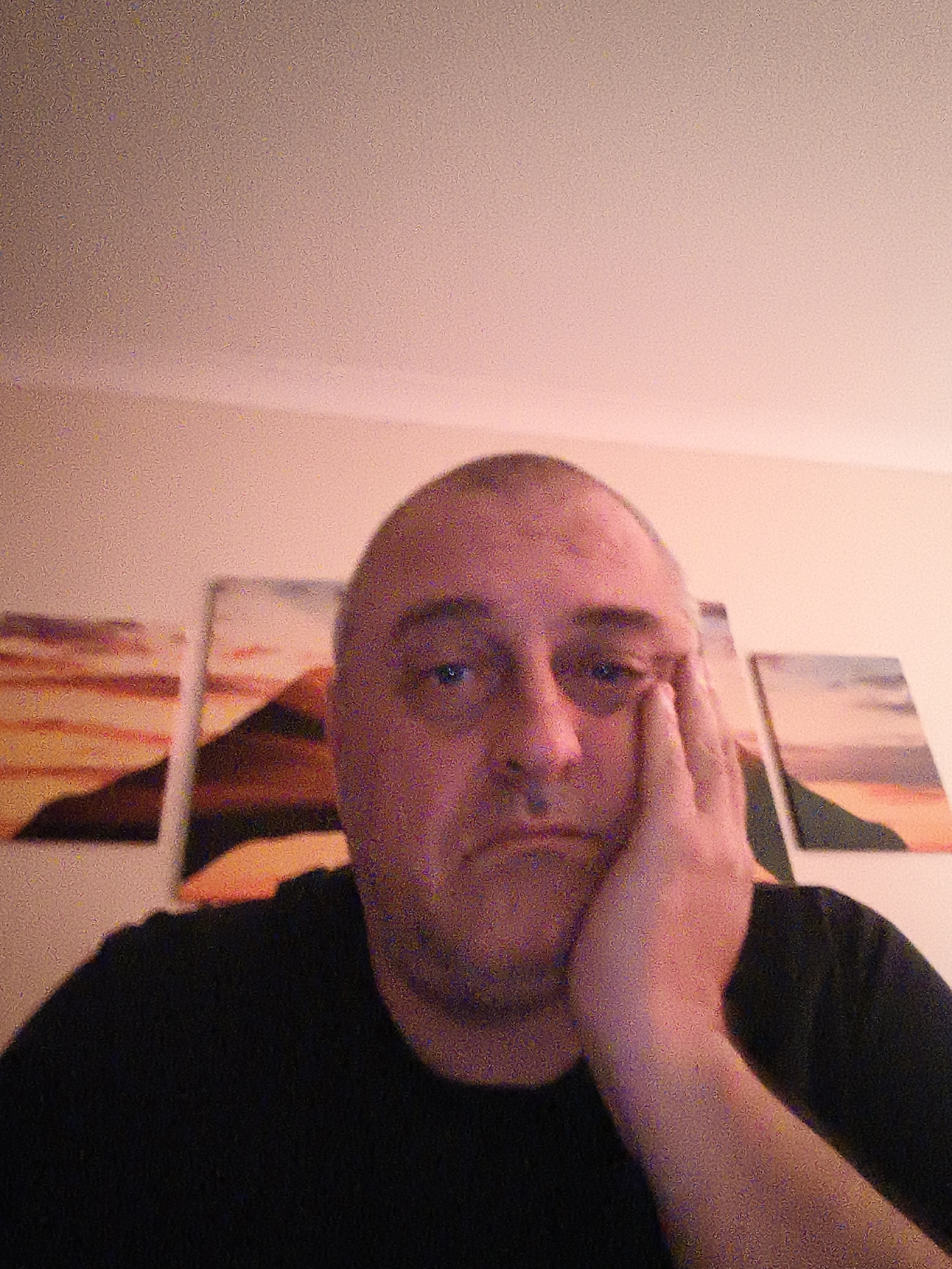 A front-facing, waist-up portrait features a bald, middle-aged man indoors. He is wearing a dark, possibly black, t-shirt. The man's left hand is resting against his face, with his fingers on his left cheek and temple, and his thumb supporting his jawline. His expression appears weary, bored, or melancholic, characterized by slightly downcast eyes and a subtle downturn of the mouth.
Behind the man, on a light-colored wall, are three framed artworks or canvases. These pieces depict abstract or stylized landscapes, rendered in a warm color palette predominantly featuring oranges, reds, and yellows, with some areas of blue and purple. They evoke scenes of sunsets or sunrises over what appear to be hills or mountains.
The lighting in the scene is dim and artificial, casting a reddish-pink tint across the walls and the man's skin. The image exhibits significant digital noise or grain, suggesting it was taken in low light conditions. The setting appears to be a domestic interior. There is no visible text in the image.