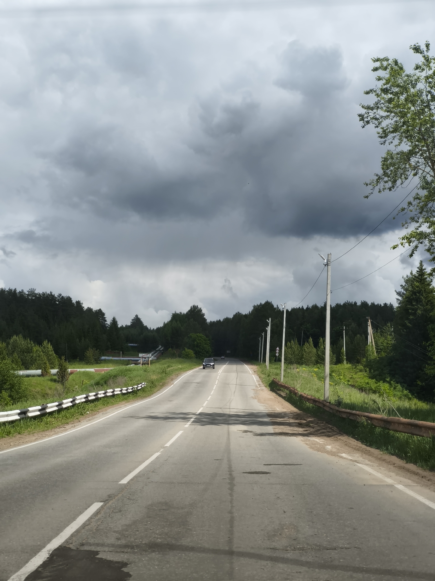 The image depicts a two-lane asphalt road stretching into the distance under a cloudy sky, characteristic of overcast weather. The road, marked with a solid white line on the right and a broken white line in the center, exhibits some wear and tear in the form of surface imperfections and dark patches. Guardrails flank both sides of the road: a white and black guardrail on the left and a brown, weathered guardrail on the right.
Telephone poles with overhead wires are visible along the right side of the road, receding into the distance. The roadside is overgrown with vegetation and green trees bordering both sides of the road. A car is seen in the distance.
The location is in Прикамский, Russia.
There are no people visible in the image. The main subjects are the road, the sky, the surrounding greenery, and the car.