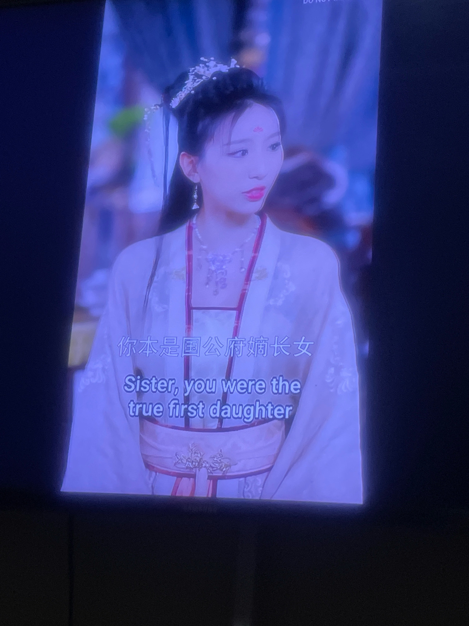 A close-up, angled shot captures a television screen displaying a scene from a television show or movie. The central focus is a young East Asian woman in traditional attire. She has dark hair styled up with ornate hairpins and is wearing a light-colored robe with intricate patterns and a red underskirt. A decorative necklace adorns her neck, and a small red mark is present on her forehead. Subtitles appear on the screen, with the top line in Chinese characters and the second line in English, reading "Sister, you were the true first daughter." The background is blurred, suggesting an indoor setting with soft lighting. The image is taken from a television set, evident from the screen's glow and the surrounding dark, likely a room. The location in Bronkhorstspruit, South Africa, is not discernable from the visual information provided in the image.