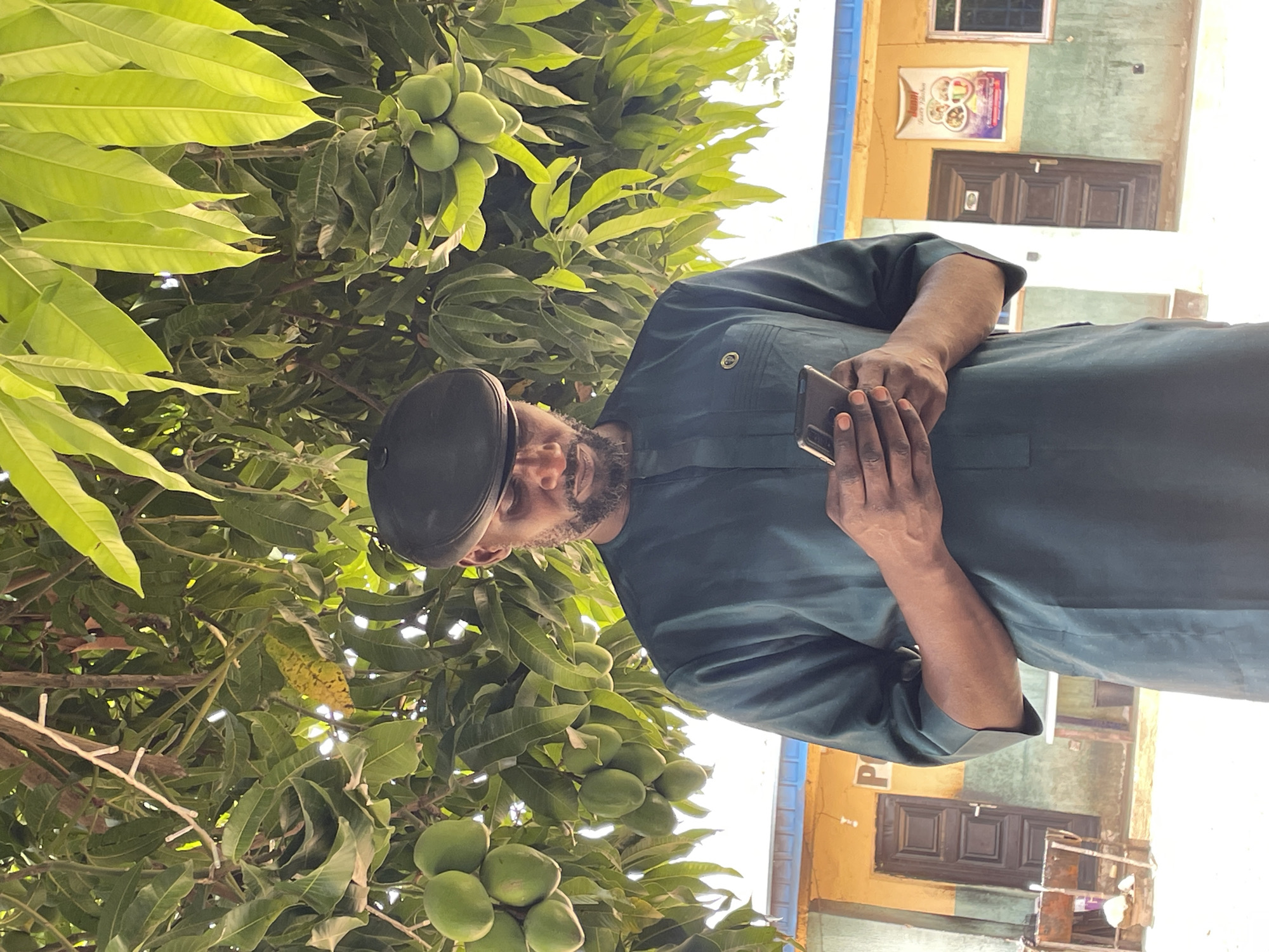The image, taken in Bukuru, Nigeria, captures a daytime scene featuring a man, a lush mango tree, and a building in the background. The photograph is oriented vertically, though presented horizontally.
In the foreground and center-right, a dark-skinned man is visible from the chest up. He wears a dark, possibly black, flat cap and a dark green long-sleeved tunic, characteristic of traditional attire. He has a dark beard and is holding a dark smartphone with a lighter-colored case in both hands, appearing to be looking at its screen. His posture suggests a moment of pause or casual engagement with his device.
To the left and extending across the top, a vibrant green mango tree dominates a significant portion of the frame. Its branches are heavy with clusters of numerous unripe, green mangoes, interspersed among abundant bright green leaves. Sunlight filters through the foliage, creating bright patches.
In the background, behind the man and the tree, stands a building. Its upper section is painted a yellowish-ochre, while the lower part is a faded greenish-grey. A dark brown wooden door with a light-colored handle is centrally located on this wall. Above the door, a small, dark-framed window is visible. A rectangular sign, featuring images of food and the text "Appetite... Truly Good Food," is affixed to the yellow wall section, slightly to the left of the door. A bright blue vertical element, possibly a door frame or pillar, runs along the left edge of the building. The overall impression is one of a bright, clear day in a tropical setting.