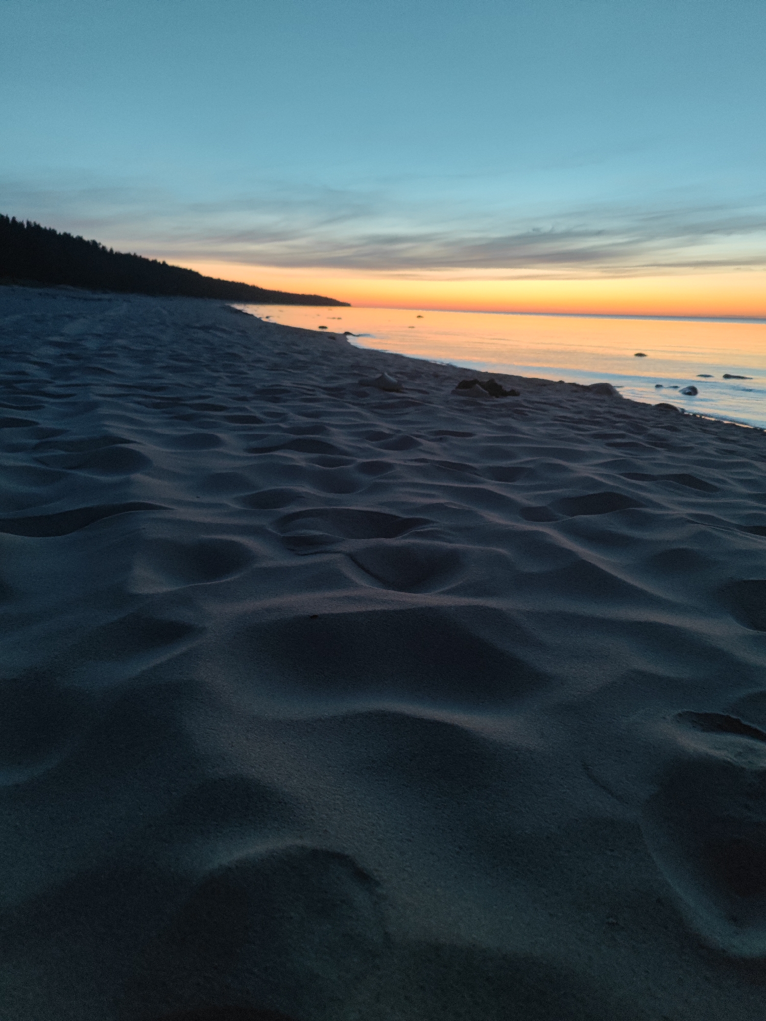 This is a photograph of a sandy beach and the sea at dusk. The foreground is dominated by sand dunes, with the texture of the sand clearly visible. The sea is calm and reflects the colors of the sky, which transitions from a pale blue at the top to shades of orange and yellow near the horizon. A dark line of trees or a forest is visible along the distant shoreline. The scene is set in Motornoe, Russia.