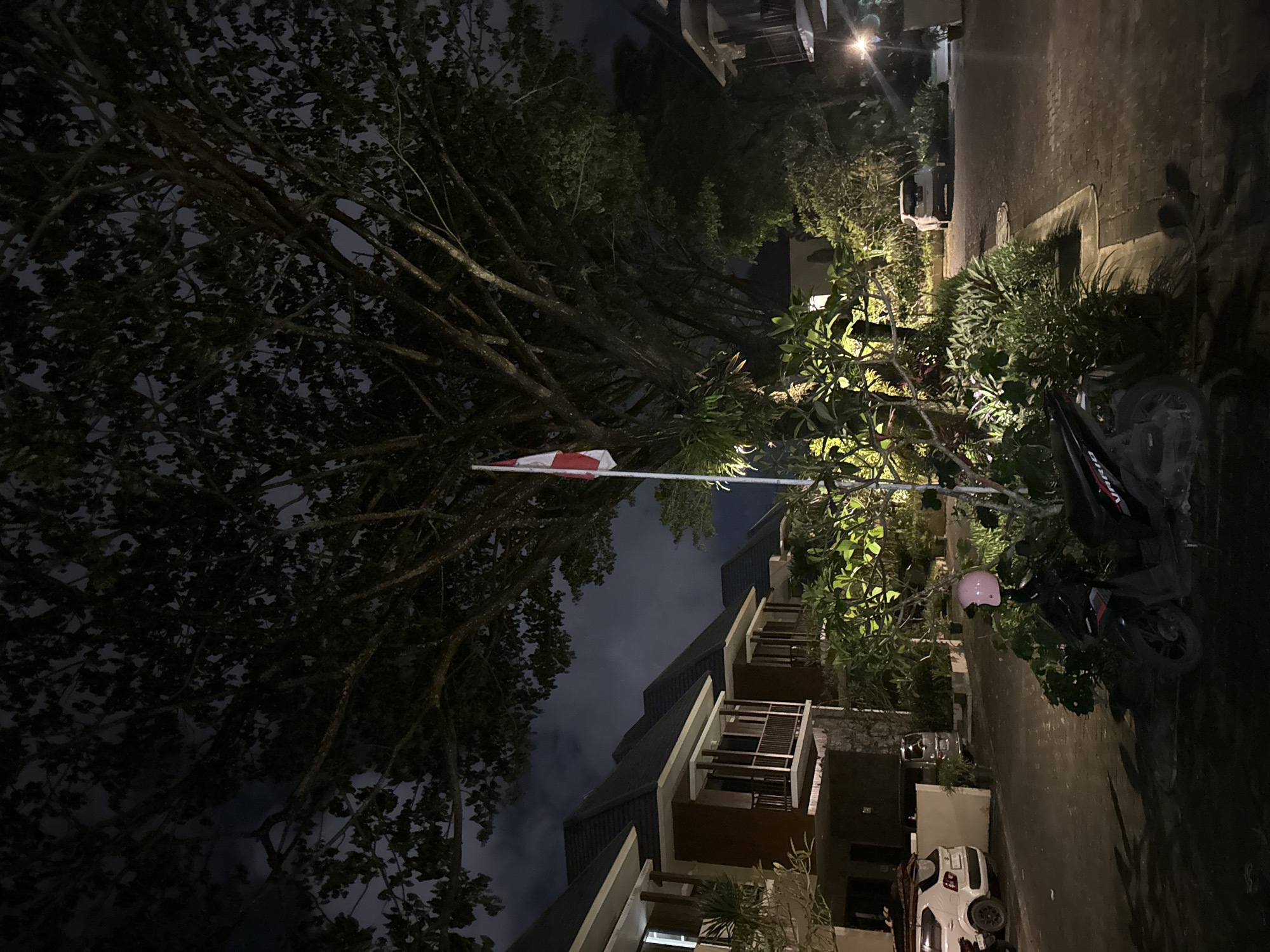 At night in Kuta Selatan, Indonesia, a view shows the intersection of a street and residential buildings. A large, leafy tree dominates the left side of the frame, obscuring the sky. A red and white flag hangs from a pole amidst the foliage. The street has a paved surface. Buildings, some with balconies, are positioned to the right and partially obscured by lush vegetation. A motorcycle is parked on the right side of the street, near a pink helmet. In the distance, a white vehicle is parked. The environment is illuminated by streetlights, casting shadows.