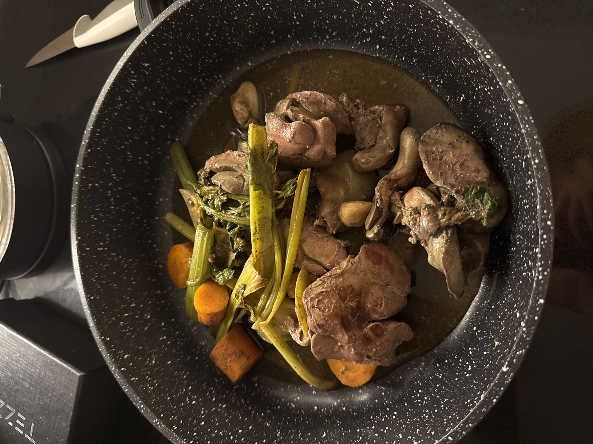 The image displays an overhead view of a non-stick frying pan, dark grey with white speckles, containing cooked food. The primary subjects within the pan are irregularly shaped pieces of cooked organ meat, likely liver, exhibiting a brownish-grey color with visible seasoning. These are mixed with segments of orange carrots, roughly chopped, and green celery stalks, some appearing softened. A dark, opaque, brown liquid, consistent with a sauce or broth, occupies the bottom of the pan. Small, pale, rounded objects, potentially garlic cloves or mushrooms, are also interspersed among the food items.
In the upper left background, a black, rectangular box is visible, bearing metallic or light-colored lettering that partially spells "TEL-". The box appears to have a textured or subtly reflective surface. To the upper right, a portion of a black pot or container with a metallic rim is discernible. Further right, a kitchen knife with a white handle and a metallic blade rests on a dark surface, partially obscured. The entire scene is set indoors, on a dark, possibly black, surface, under ambient lighting conditions, depicting a prepared meal in Tel-Aviv, Israel. No individuals are present in the image.